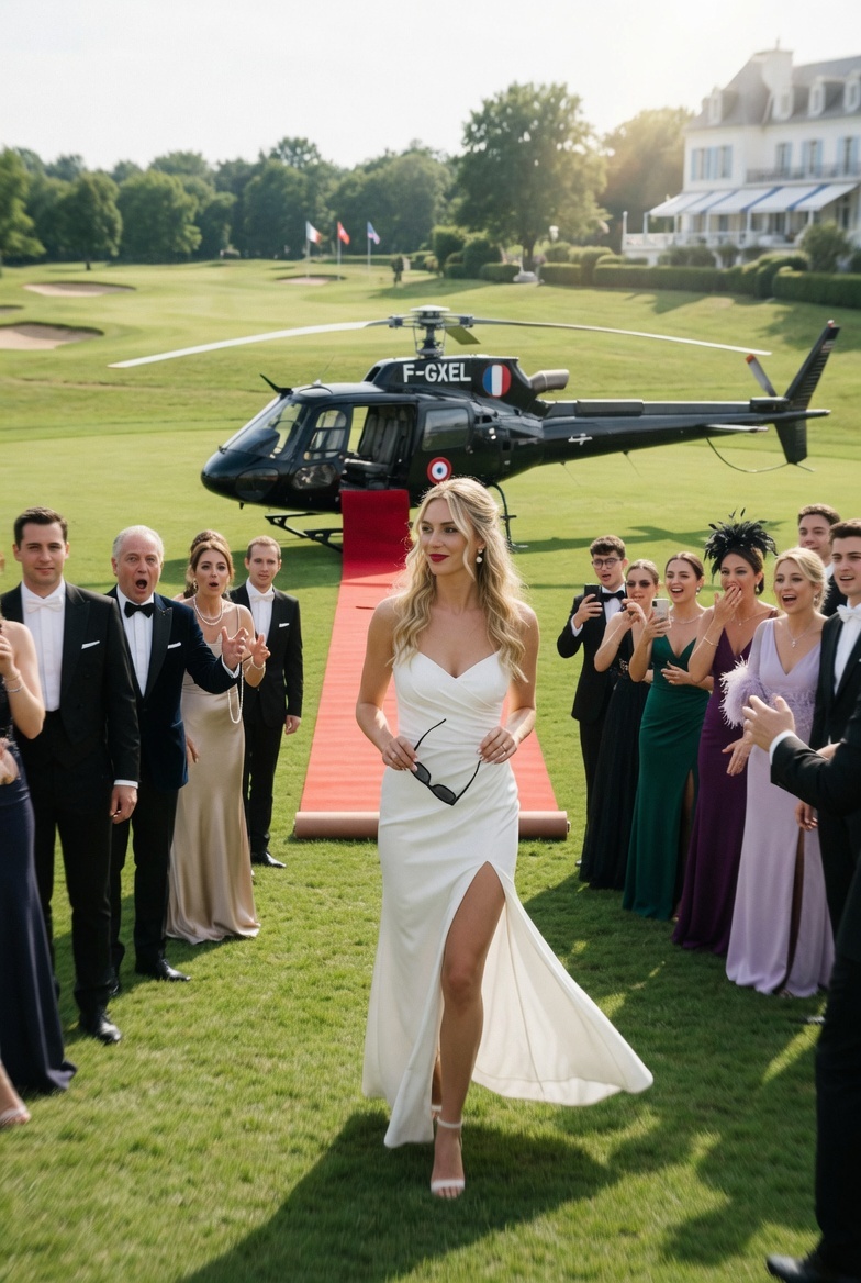L’hélicoptère noir atterrit sur le golf, faisant taire la foule. Une femme en robe blanche descend, élégante et assurée. C’était Valentina, la ‘loser’ de l’école, invitée pour être moquée. Mais quelque chose clochait dans leurs sourires hypocrites.