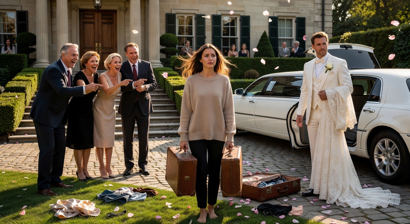 Ils ont jeté ma valise sur la pelouse et ri en voyant mes sous-vêtements et photos d’enfance s’éparpiller devant le quartier. Ma famille adoptive millionnaire m’a traitée d’ingrate, filmée, et effacée en plein jour. Je tremblais, sans abri, brisée—jusqu’à ce qu’une limousine blanche s’arrête.