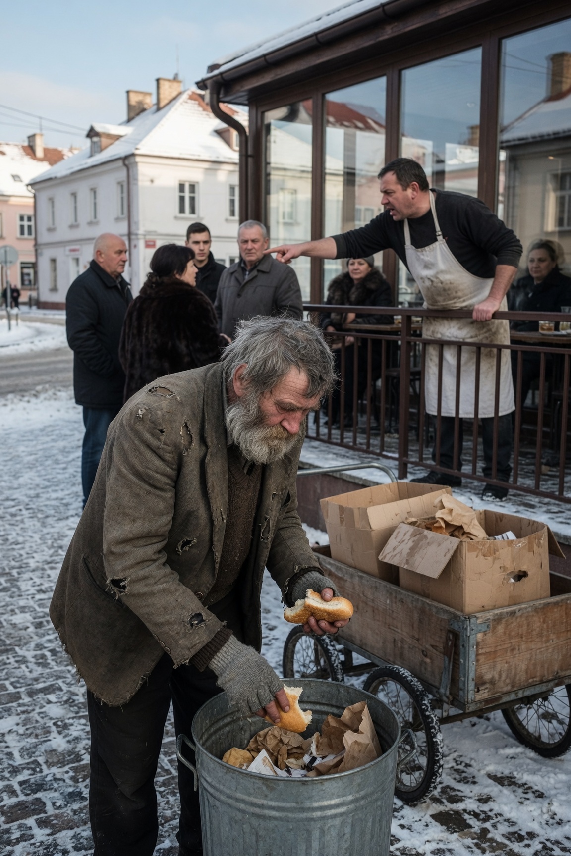 Cijela čaršija nazywała go szalonym Asimem. Ten zgarbiony starzec w starym, podartym swetrze przez cały dzień pchał swoje drewniane wózki i zbierał mokrą tekturę z kontenerów.
Ludzie go unikali, a właściciele kawiarni brutalnie go przeganiali, żeby nie “plamił gości”. Asim nigdy nie prosił o jałmużnę, jadł tylko czerstwy chleb z poprzedniego dnia i milczał.

Kiedy pewnej strasznej bośniackiej zimy znaleziono go zamarzniętego w jego chatce, pospiesznie zakopano go w zmarzniętej glinie na końcu cmentarza. Lokalni notable w kawiarni już zacierali ręce, planując za grosze przejąć działkę Asima pod parking.
