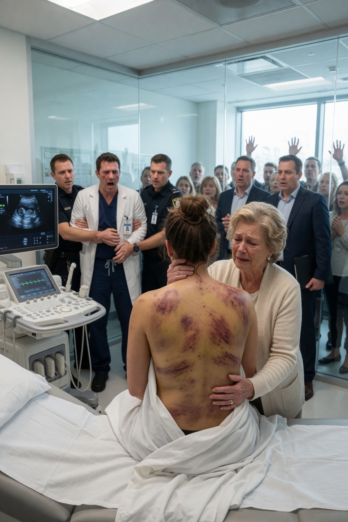 La clinica VIP, o ajutam pe fiica mea, însărcinată în nouă luni, să se dezbrace pentru ultima ecografie. Când cămașa i-a căzut, am rămas fără suflare. Spatele și coastele îi erau un tablou oribil de vânătăi masive, în formă de bocanc.