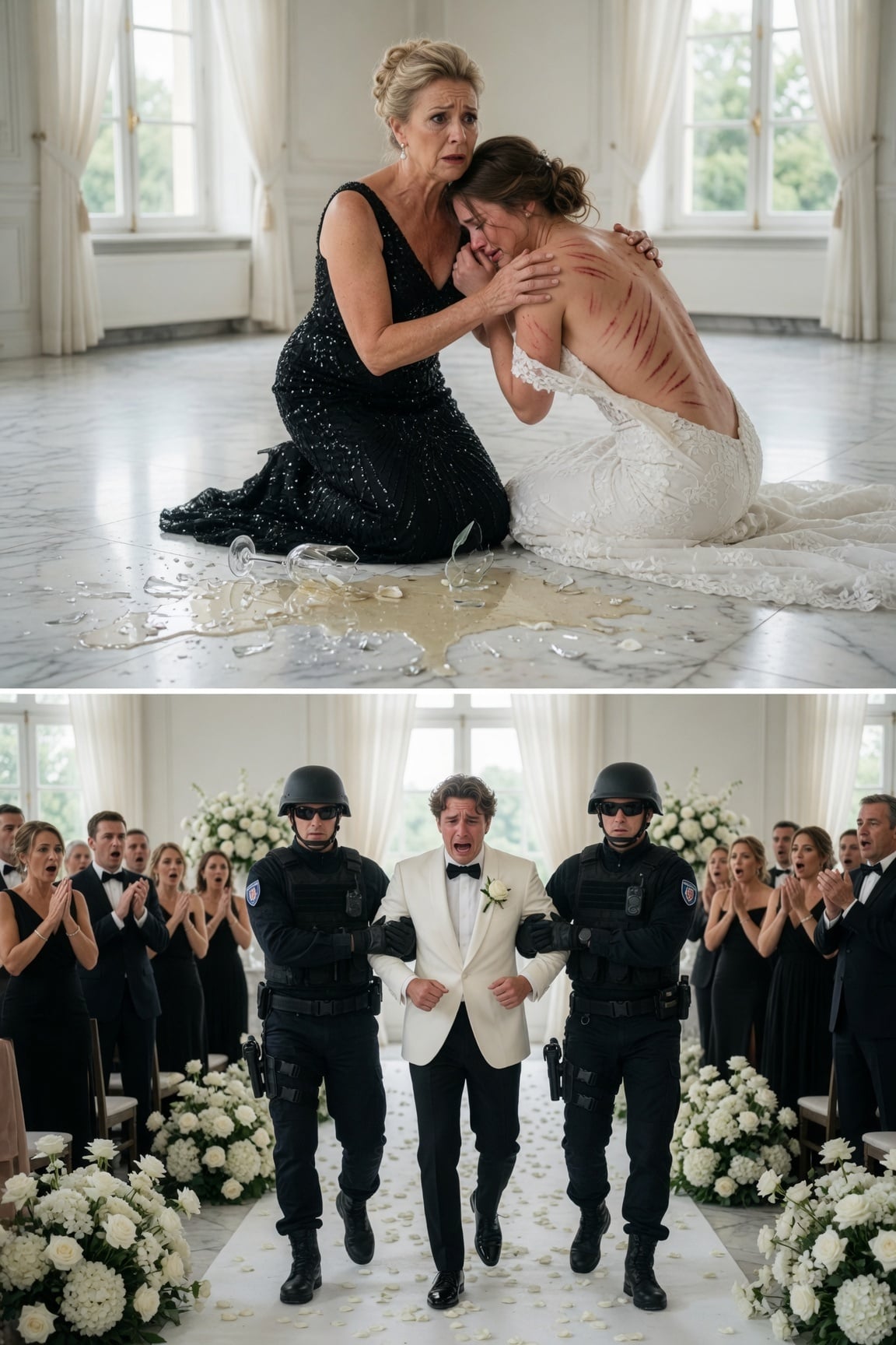 Lorsque la couturière a ouvert la fermeture éclair de la robe de mariée en soie sur mesure de ma fille, la coupe de champagne m’a glissé des mains et s’est brisée sur le sol. Sous la dentelle blanche immaculée, sa colonne vertébrale fragile était entièrement couverte de marques de fouet sombres et à vif. Elle s’est effondrée dans mes bras, tremblant violemment. « Maman, je t’en supplie ! Ne regarde pas ! Il a dit que si j’annulais, son père milliardaire détruirait notre famille et mettrait mon frère en prison », sanglotait-elle. Je n’ai pas crié. Mon cœur s’est simplement transformé en pierre absolue. J’ai doucement remonté la fermeture éclair de sa robe, embrassé sa joue couverte de larmes et murmuré : « Alors tu descendras cette allée demain, mon amour. » Pendant qu’elle dormait, j’ai passé trois coups de fil au syndicat souterrain que j’avais quitté il y a vingt ans. Le lendemain matin, alors que le marié arrogant souriait d’un air suffisant devant l’autel, en présence de 500 invités d’élite, les portes de la cathédrale ne se sont pas ouvertes pour la mariée. Elles ont été défoncées par une équipe fédérale lourdement armée du SWAT.