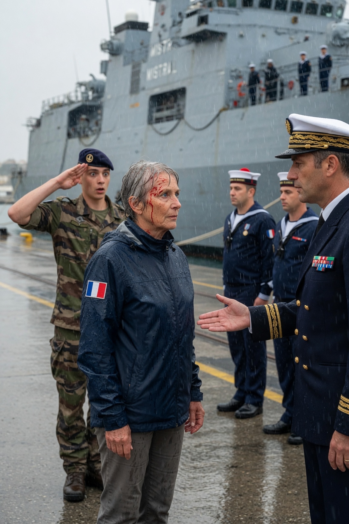Un Marine américain a bousculé une femme sur la passerelle — il ignorait qu’elle surpassait en grade tous les officiers du navire… La pluie tombait sur la base navale de Hartwell en rafales froides et obliques, transformant le quai en un long miroir de lumière grise et d’eau noire. Le navire d’assaut amphibie USS Coral Harbor reposait lourdement contre les défenses, huit cents pieds d’acier respirant doucement le long du dock, tandis que les chariots élévateurs gémissaient, les palettes se déplaçaient et les marins criaient contre le vent. Le navire se préparait pour un exercice de certification, le genre qui décidait si des hommes et des femmes navigueraient vers des eaux dangereuses en tant qu’équipage prêt ou resteraient amarrés au rivage jusqu’à ce qu’un supérieur estime qu’ils avaient mérité le droit de partir.