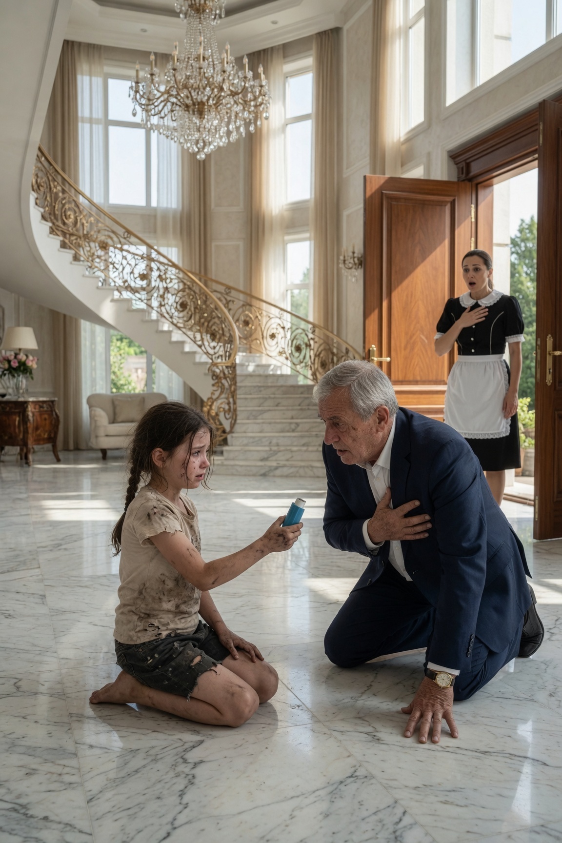 FATA MICĂ A SERVITOAREI ȘI-A FOLOSIT ULTIMUL INHALATOR PENTRU A SALVA UN MILIONAR PE MOARTE — APOI EL I-A VĂZUT FAȚA ȘI A DESCOPERIT UN SECRET ÎNGROPAT DE 10 ANI