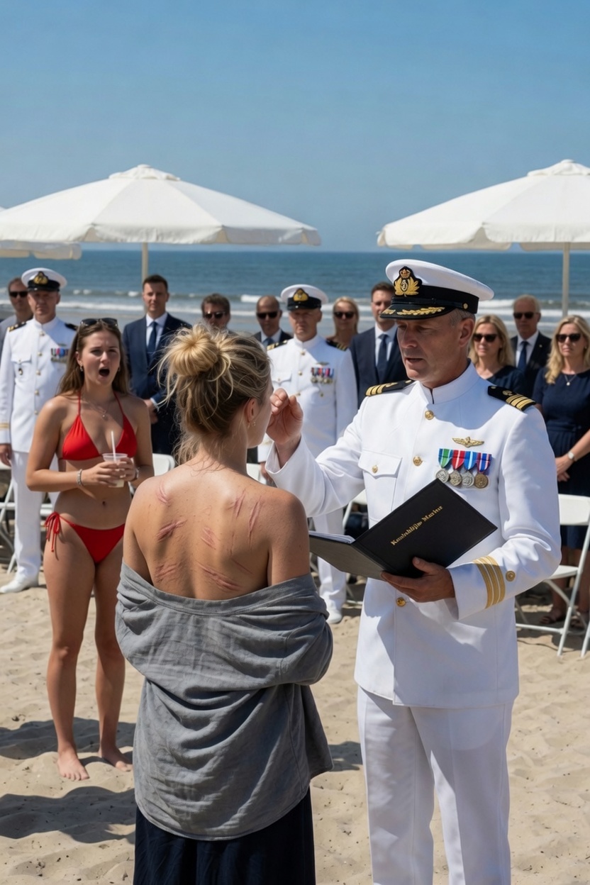 Mijn zus scheurde mijn shirt open op een luxe strand vol met marineofficieren en bespotte de littekens die over mijn rug liepen.