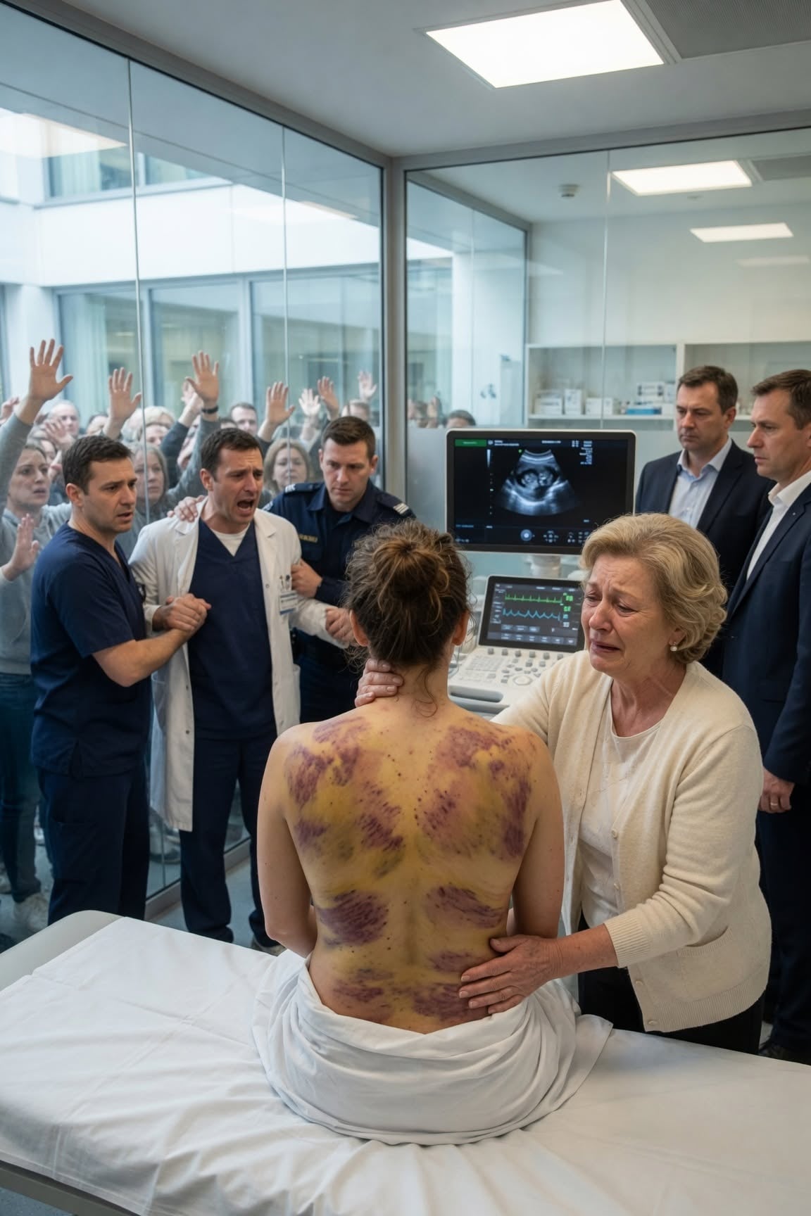 W ekskluzywnej klinice pomagałem mojej dziewięciomiesięcznej córce zdjąć ubranie przed ostatnim USG. Gdy koszulka opadła, zaparło mi dech. Jej plecy i żebra były przerażającym płótnem pokrytym ogromnymi siniakami w kształcie butów.
