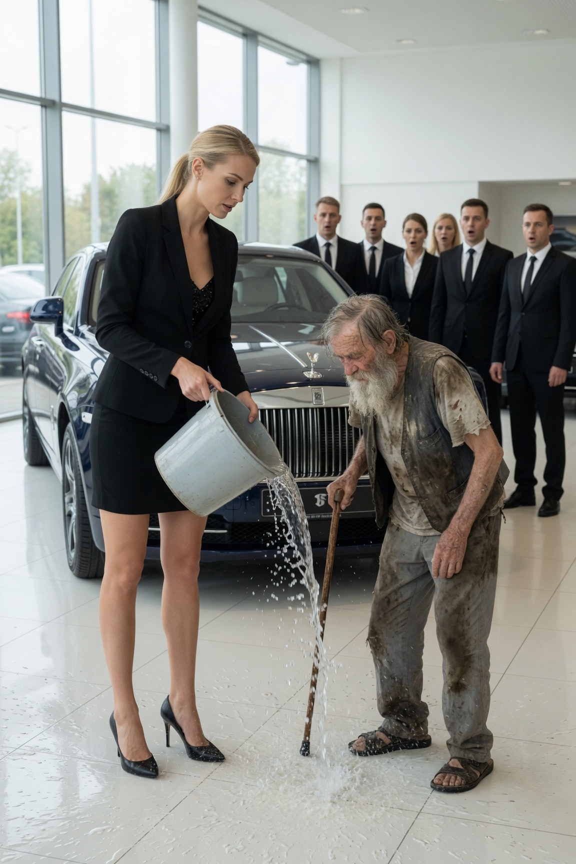 Vizet loccsantott egy koldusra… Másnap megvette a szalon! Pontosan 10:45-kor egy idős férfi lassan megközelítette a város legluxusabb autószalonját, a Prestige Auto Gallery-t.