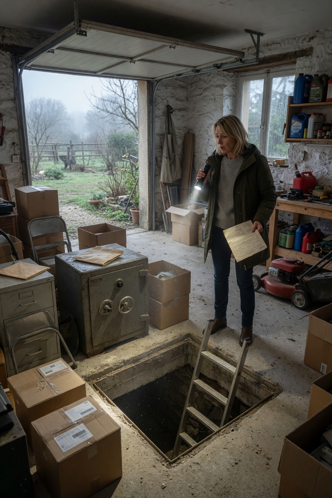 « Mon mari est décédé il y a cinq ans et a laissé une enveloppe scellée marquée « À ouvrir strictement en 2026 », mais quand je l’ai enfin ouverte hier, le mot à l’intérieur m’a envoyée au garage, vers une trappe cachée sous le sol en béton, et au moment où j’ai grimpé