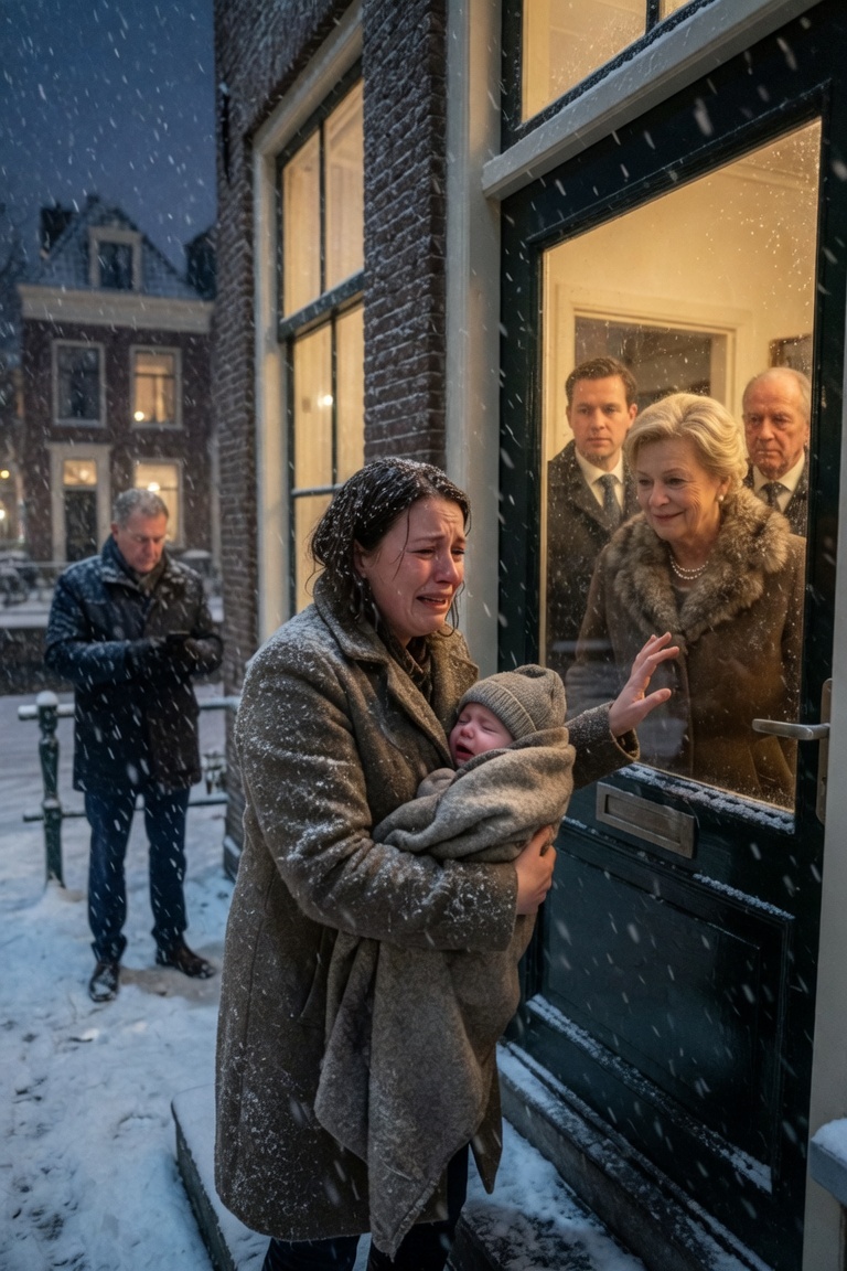 Mijn schoonfamilie sloot mij en mijn baby van drie weken buiten hun huis tijdens een sneeuwstorm in Colorado. Ze zeiden dat ik “respect moest leren.” Ik stond veertig minuten in de sneeuw en bonkte op de deur. Wat ze niet wisten, was dat de buurman aan de overkant het hele voorval filmde — en hij was niet zomaar een buurman.