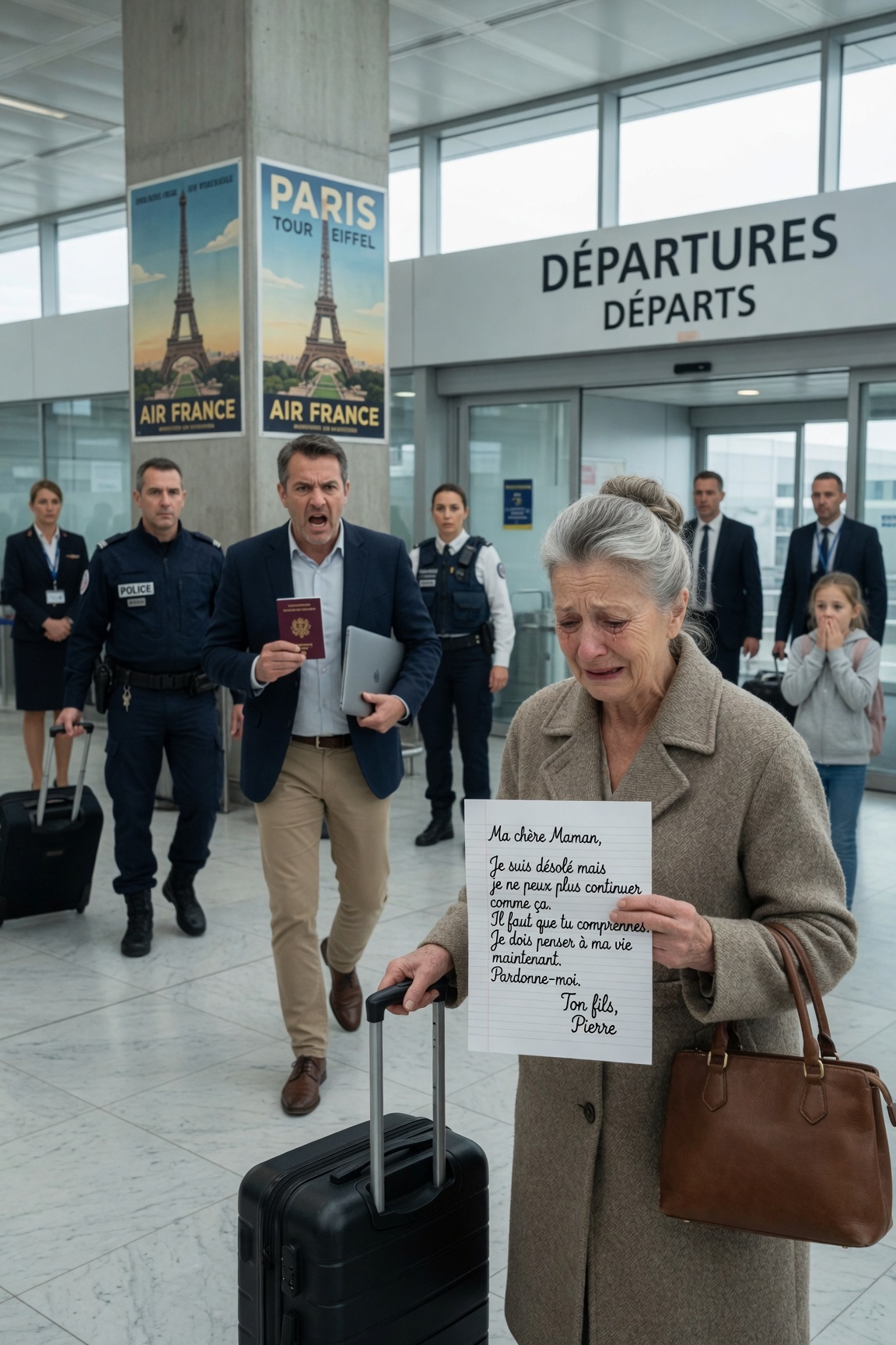 MON FILS M’EMMENAIT EN FRANCE POUR MA RETRAITE, ET À L’AÉROPORT MA PETITE-FILLE DE 8 ANS M’A GLISSÉ UN BILLET DANS LA MAIN : « FUYEZ ». J’AI FAIT SEMBLANT D’AVOIR MAL AU VENTRE ET JE SUIS REVENUE VERS LA SORTIE.