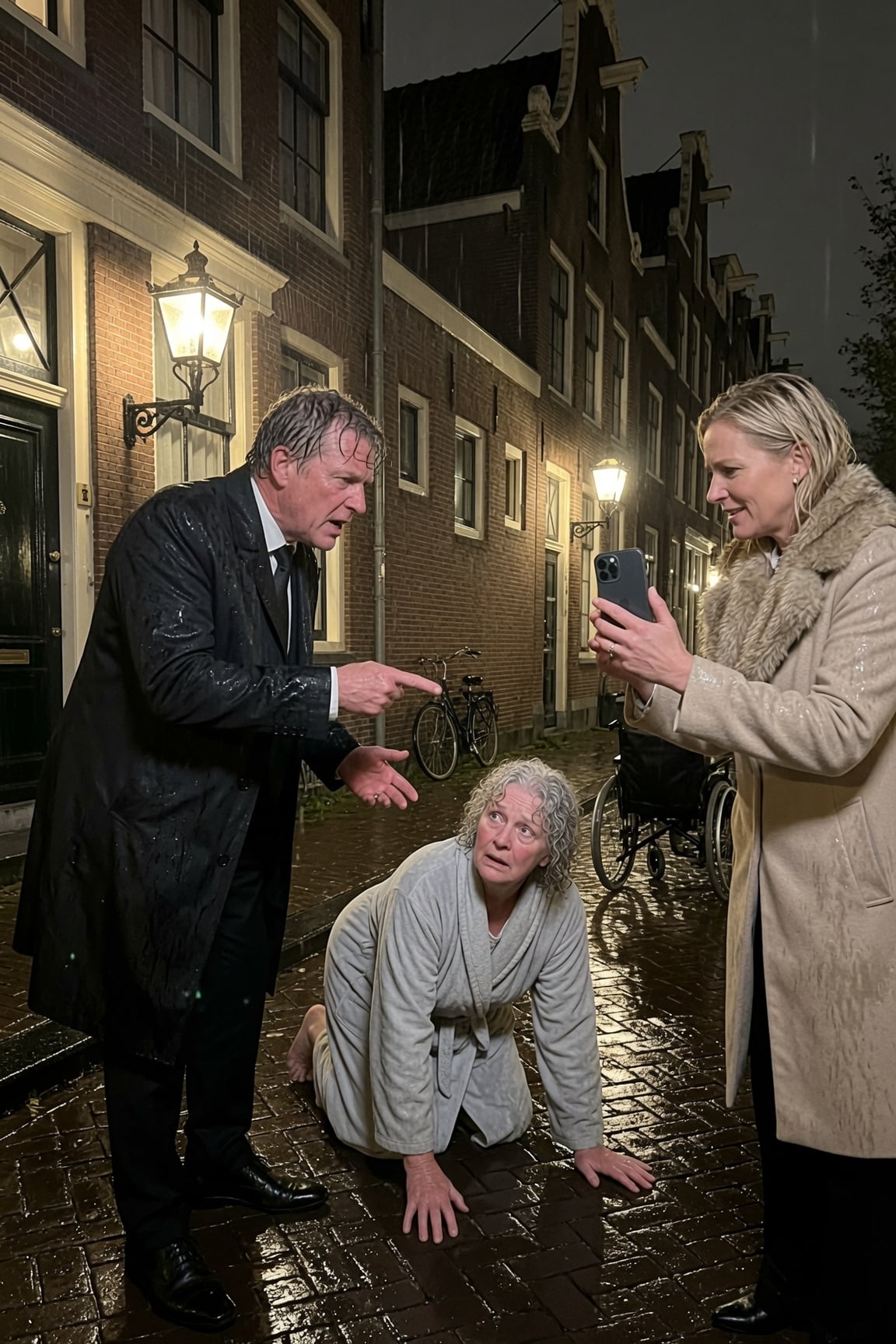 Op 72-jarige leeftijd, nog half verlamd door een zware beroerte, kon ik alleen maar hulpeloos toekijken hoe mijn schoonzoon me uit mijn rolstoel duwde op de ijskoude veranda. “Teken die verdomde akte of je vriest vannacht dood, oud wijf,” siste hij, terwijl hij me hard in mijn ribben schopte en mijn eigen dochter erbij stond om het te filmen voor de lol. Mijn handen trilden van de kou.