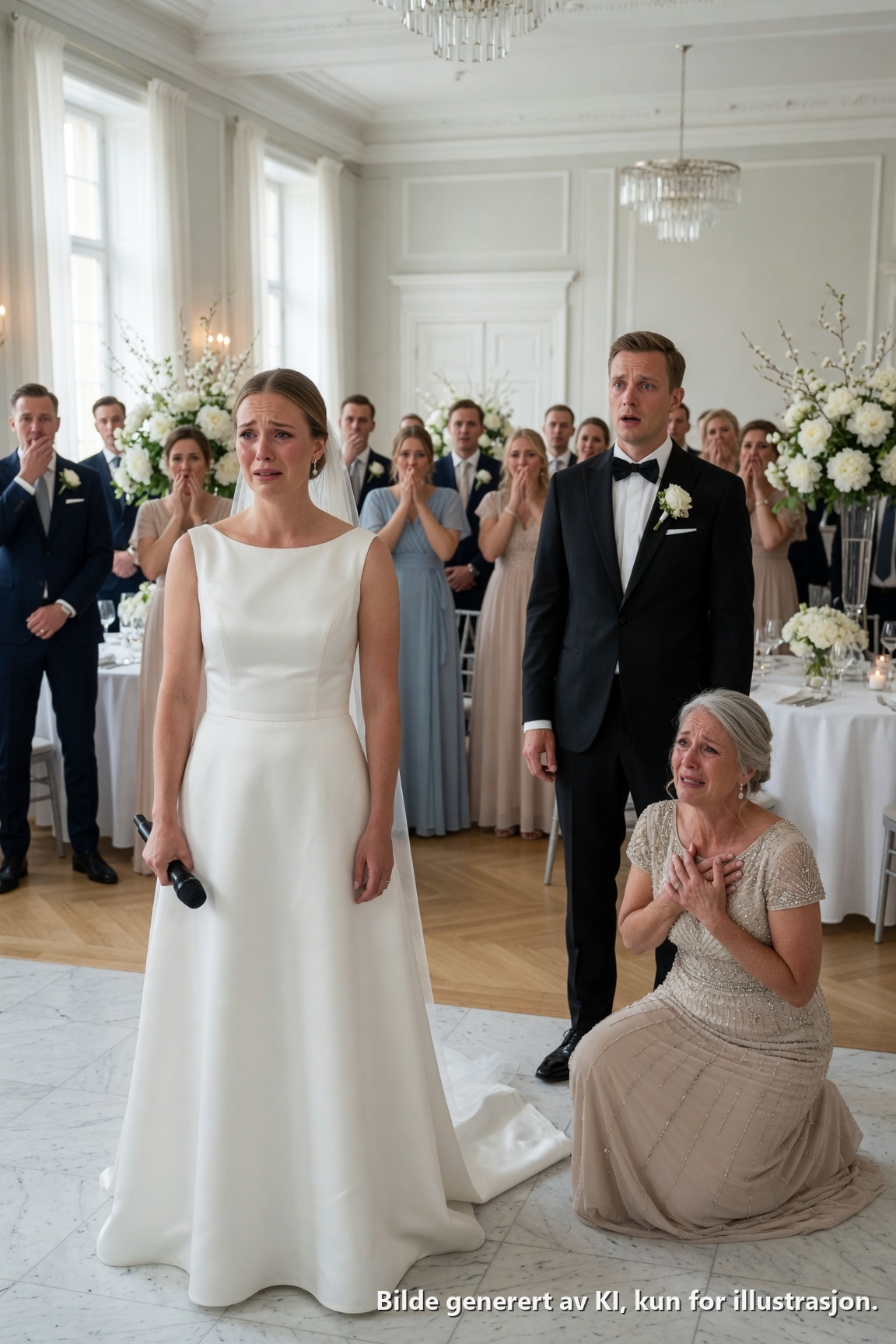 Én time før bryllupet overhørte jeg ved et uhell forloveden min hviske til moren sin: «Jeg bryr meg ikke om henne; jeg vil bare ha pengene hennes.» Jeg tørket tårene i stillhet, gikk med rak rygg opp til alteret, og i stedet for å si «ja, jeg vil», sa jeg noe som fikk svigermoren til å gripe seg til brystet midt i salen…