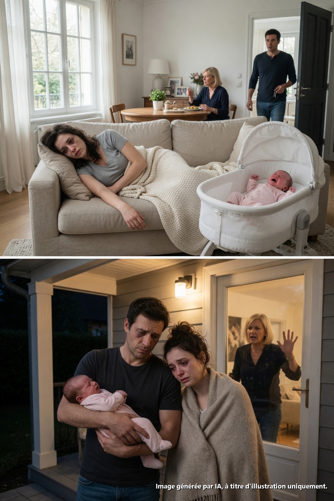 Ma femme était si épuisée qu’elle tenait à peine debout, mais ma mère insistait pour “aider” avec le bébé. Je suis rentré tôt et j’ai trouvé ma femme évanouie sur le canapé tandis que ma mère était assise à côté, ignorant les cris frénétiques du bébé et mangeant un repas que ma femme avait été forcée de cuisiner. Ma mère a regardé son corps inconscient et a murmuré : “Reine du drame.” J’ai compris alors que la femme qui m’avait élevé était un monstre. J’ai porté ma femme jusqu’à la voiture, pris le bébé, et nous avons déménagé dans un hôtel cette même heure. Ma mère pensait être la maîtresse de maison—jusqu’à ce qu’elle réalise…

Le cri du bébé m’a frappé avant même que j’ouvre la porte. C’était aigu, désespéré, le genre de cri qui transperce les os.

J’ai laissé tomber mes clés dans le couloir et j’ai couru.

Notre salon ressemblait à une scène de crime déguisée en foyer familial. Une casserole avait débordé dans la cuisine. Du linge était à moitié plié par terre. Des biberons étaient alignés sur le comptoir comme des pièces à conviction. Et sur le canapé, ma femme, Clara, gisait immobile, un bras pendant, le visage pâle comme du papier.
