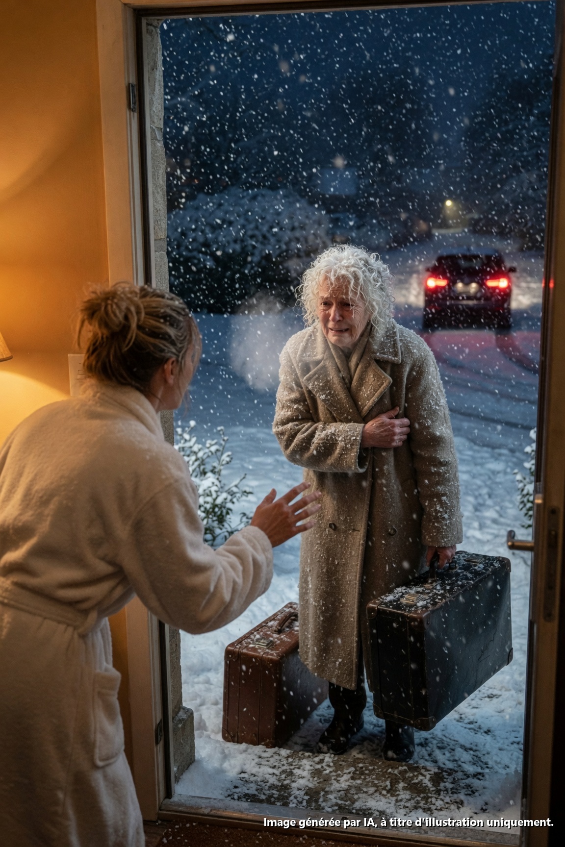 Mes parents ont déposé ma grand-mère de soixante-dix-huit ans sur mon perron avant le lever du soleil, par un temps assez froid pour la tuer.

À 5 h 30, alors que le reste du quartier dormait sous un ciel gelé, j’ai ouvert ma porte d’entrée et j’ai trouvé Dorothy — ma douce et tremblante grand-mère — debout à côté de deux valises cabossées dans un **refroidissement éolien de -38 °F**, son mince manteau beige claquant autour d’elle comme du papier. Au bout de mon allée glacée, le VUS de mes parents disparaissait déjà dans l’obscurité.

Ils n’ont pas fait signe.

Ils n’ont pas vérifié si elle était entrée.

Ils l’ont simplement laissée là.