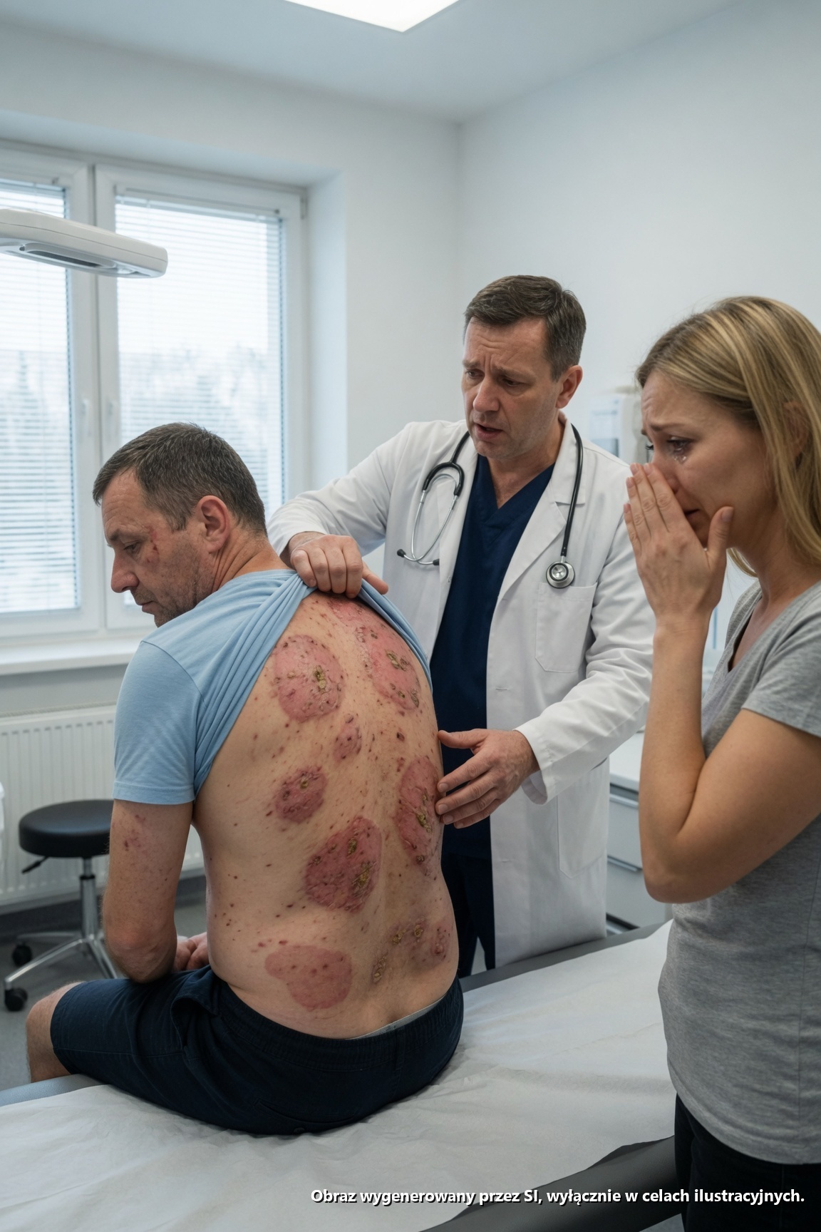 Zamarłam, gdy je zobaczyłam – dziesiątki maleńkich czerwonych wyprysków na plecach mojego męża, skupionych jakby coś je tam złożyło. „To pewnie wysypka” – mruknął, próbując to zbyć śmiechem. Ale mną zatrzęsło. W przychodni lekarz pochylił się, a potem dziwnie znieruchomiał. Jego usta rozchyliły się, oczy straciły kolor. Szepnął: „Nie wracajcie do domu. Dzwońcie na policję. Natychmiast.”