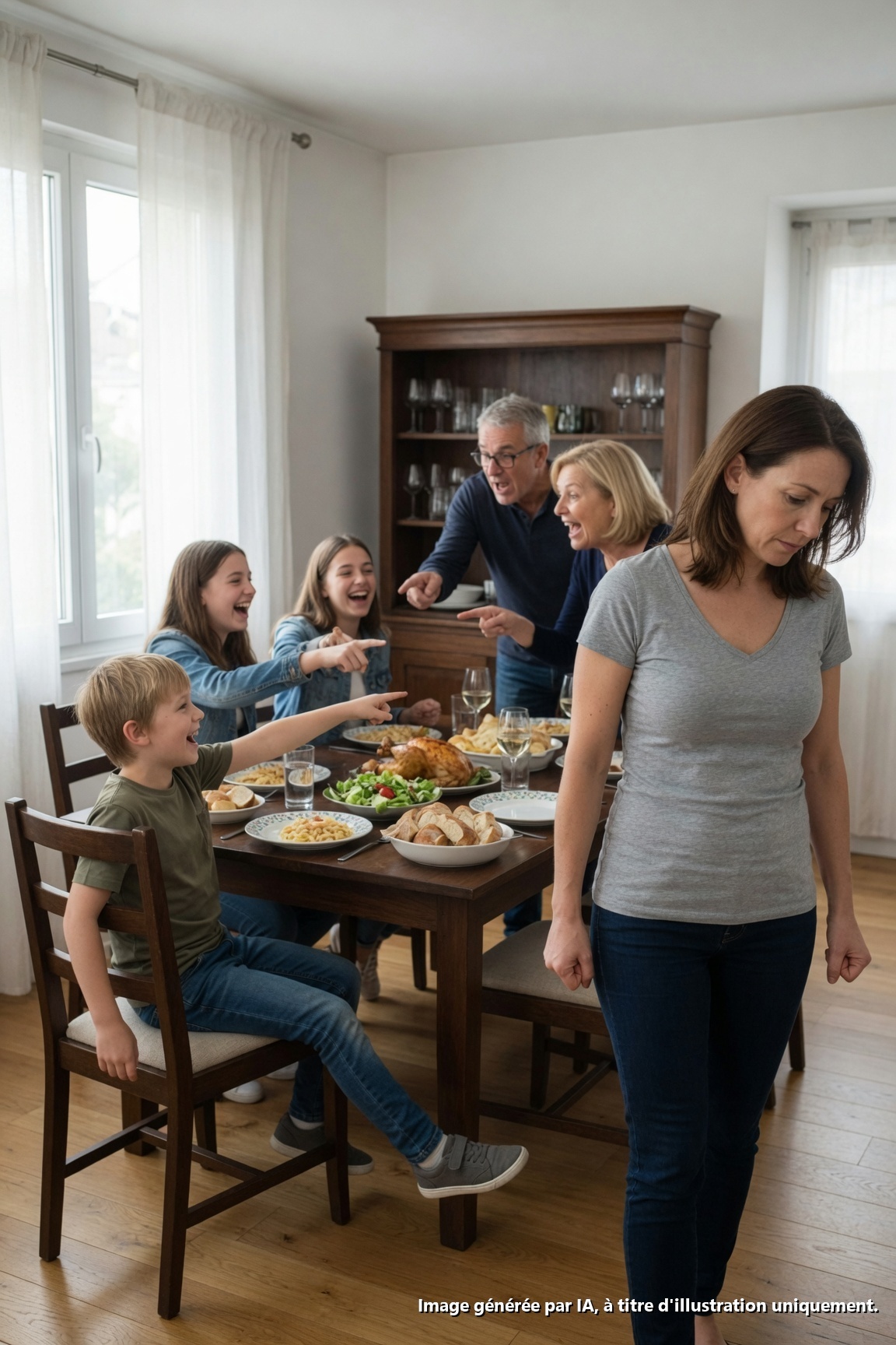 Au dîner dominical, le gamin de ma sœur a donné un coup de pied dans la chaise et a dit : “LES SERVITEURS NE S’ASSOIENT PAS AVEC NOUS.” La table familiale a explosé de rire. Je suis parti sans un bruit. Ce soir-là, ma sœur a envoyé un texto : “Enfin parti.” J’ai répondu : “Comme ton héritage ?” À l’aube, l’avis d’expulsion est arrivé…