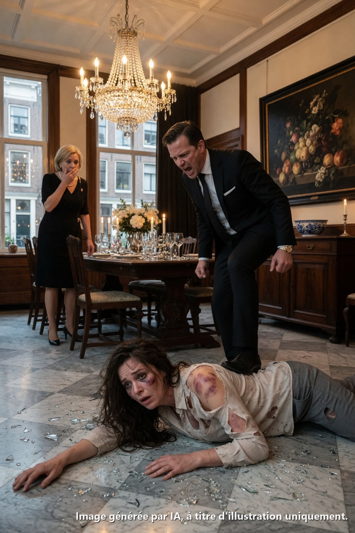 Gepind met mijn gezicht naar beneden op het gebroken glas van onze eetkamer, onthulde mijn gescheurde blouse een rug bedekt met een afschuwelijk canvas van donkerpaarse blauwe plekken van de mishandeling van afgelopen nacht. Mijn man drukte zijn zware nette schoen recht in mijn gekneusde ruggengraat,
