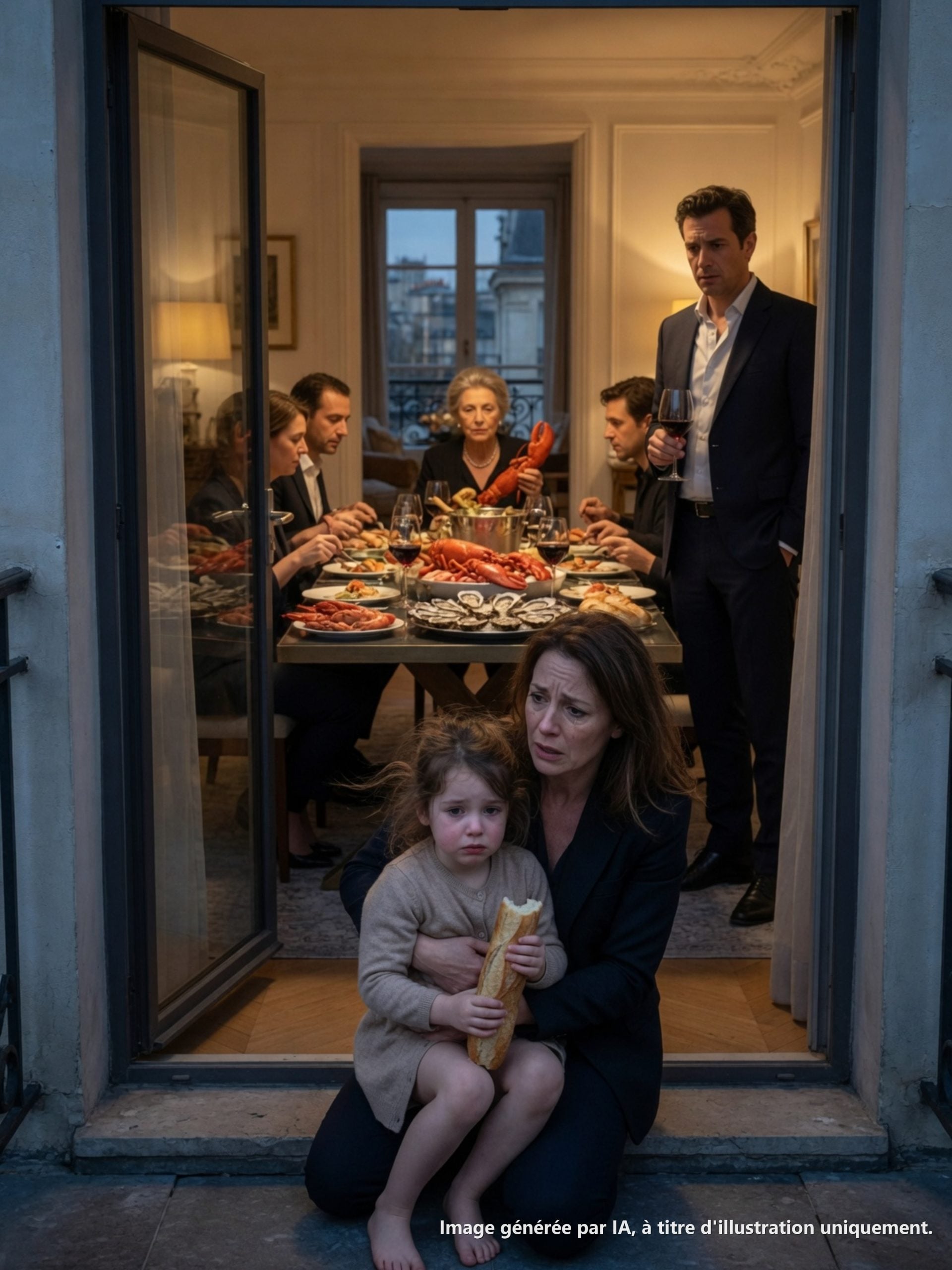 Je suis entrée dans mon appartement et j’ai trouvé ma fille de trois ans grelottant sur le balcon, mordant dans un quignon de baguette rassis, pendant que six adultes se régalaient de homard avec mon argent. Mon mari m’a regardée, un verre à la main, et m’a dit : “Ne fais pas de scandale, Marianne.”