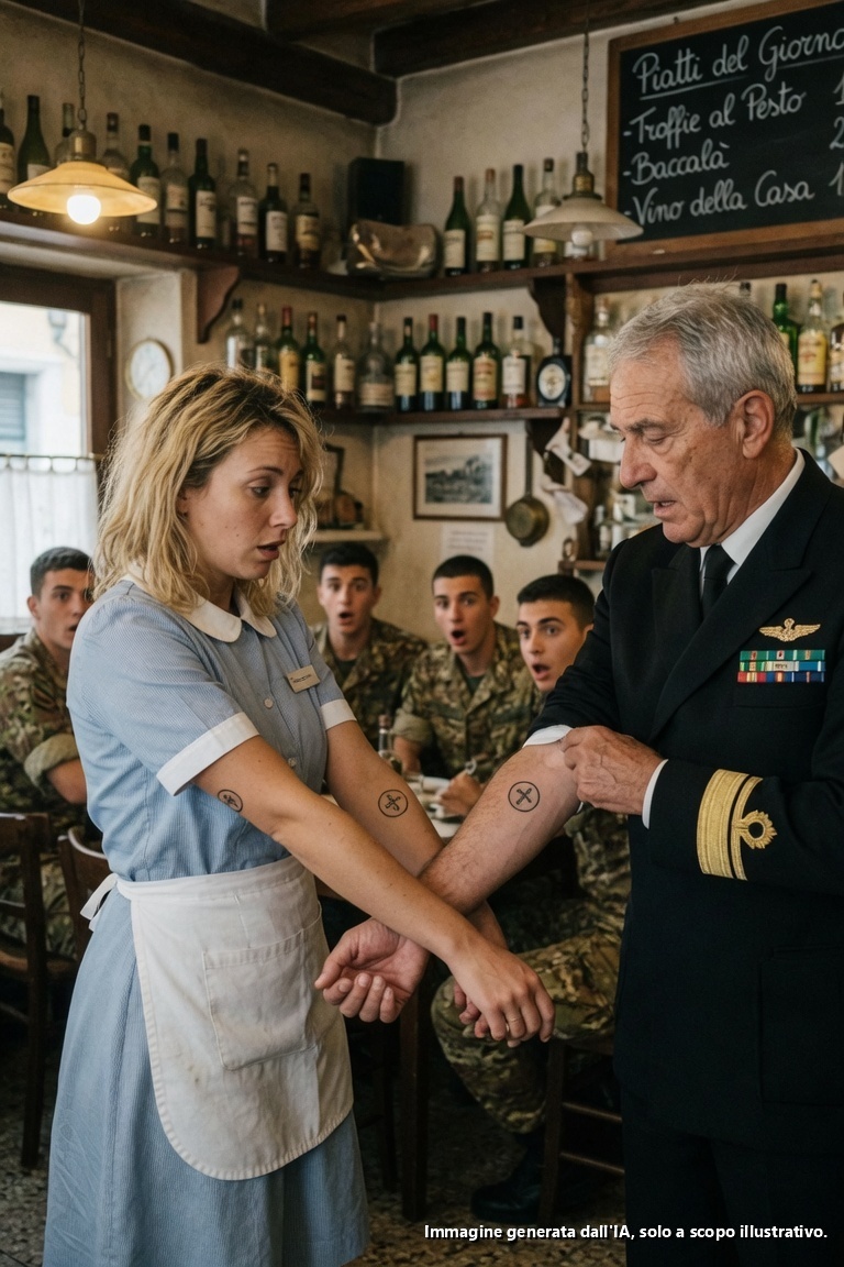 I Navy SEAL hanno passato un’ora a prendere in giro il tatuaggio sbiadito della cameriera. “Te l’ha fatto un bambino?” Ridevano così forte che li sentiva tutto il bar. Poi un Ammiraglio in alta uniforme è entrato, si è fermato di colpo e si è lentamente arrotolato la manica. Lo stesso identico tatuaggio. Il bar è caduto in un silenzio totale.