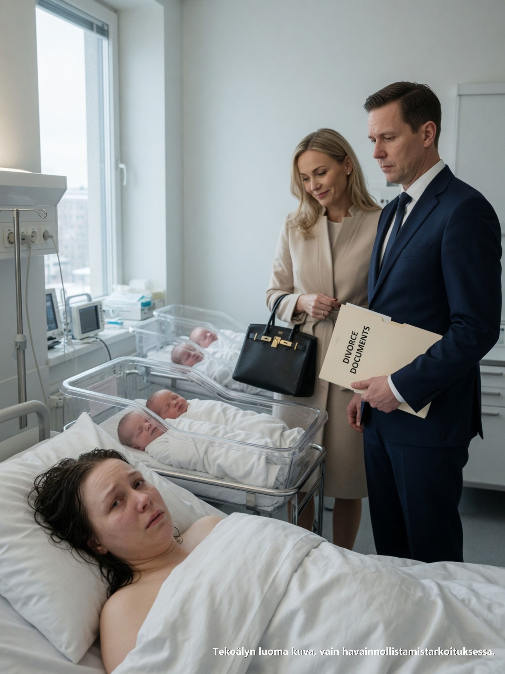 Kun myöhemmin toin vauvat kotiin, sain tietää, että Aarni oli jo siirtänyt yhteisen kotimme bulvaaniyhtiönsä kautta rakastajattarensa nimiin. Soitin vanhemmilleni itkien. “Valitsin väärin. Te olitte oikeassa hänen suhteensa.” Aarni ja hänen uusi naisensa luulivat minun luovuttaneen. Heillä ei ollut aavistustakaan, keitä vanhempani todella olivat… Kaksi päivää myöhemmin karma iski.