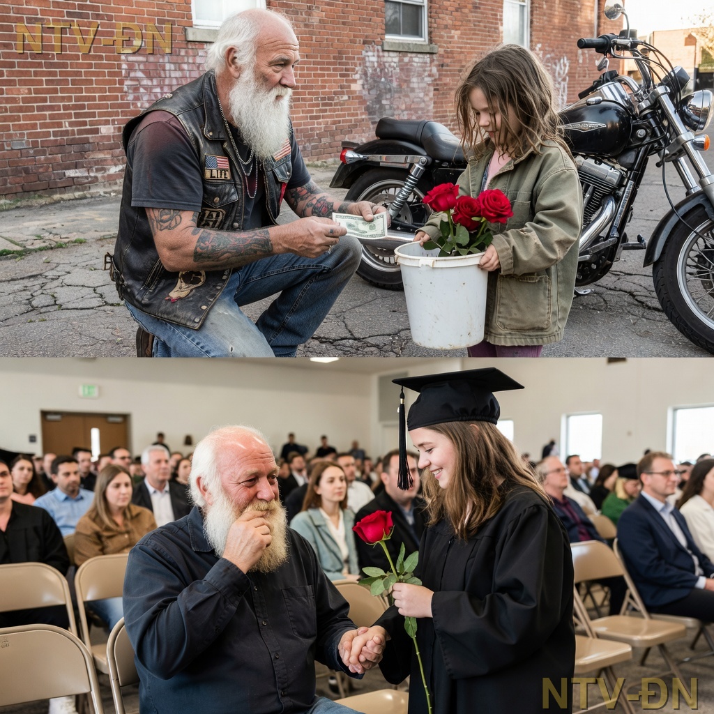Ein Motorradfahrer von über 110 Kilo kaufte einer zehnjährigen obdachlosen Straßenmädchen an einer Ecke eine Rose und gab ihr einen 100-Dollar-Schein. Sie versuchte, ihm das Geld zurückzugeben: „Sie haben nur eine gekauft.“ Er begann zu weinen und sagte: „Mein Schatz, du verdienst so viel mehr als das.“ Dann fragte er sie, wo sie wohne, und folgte ihr.