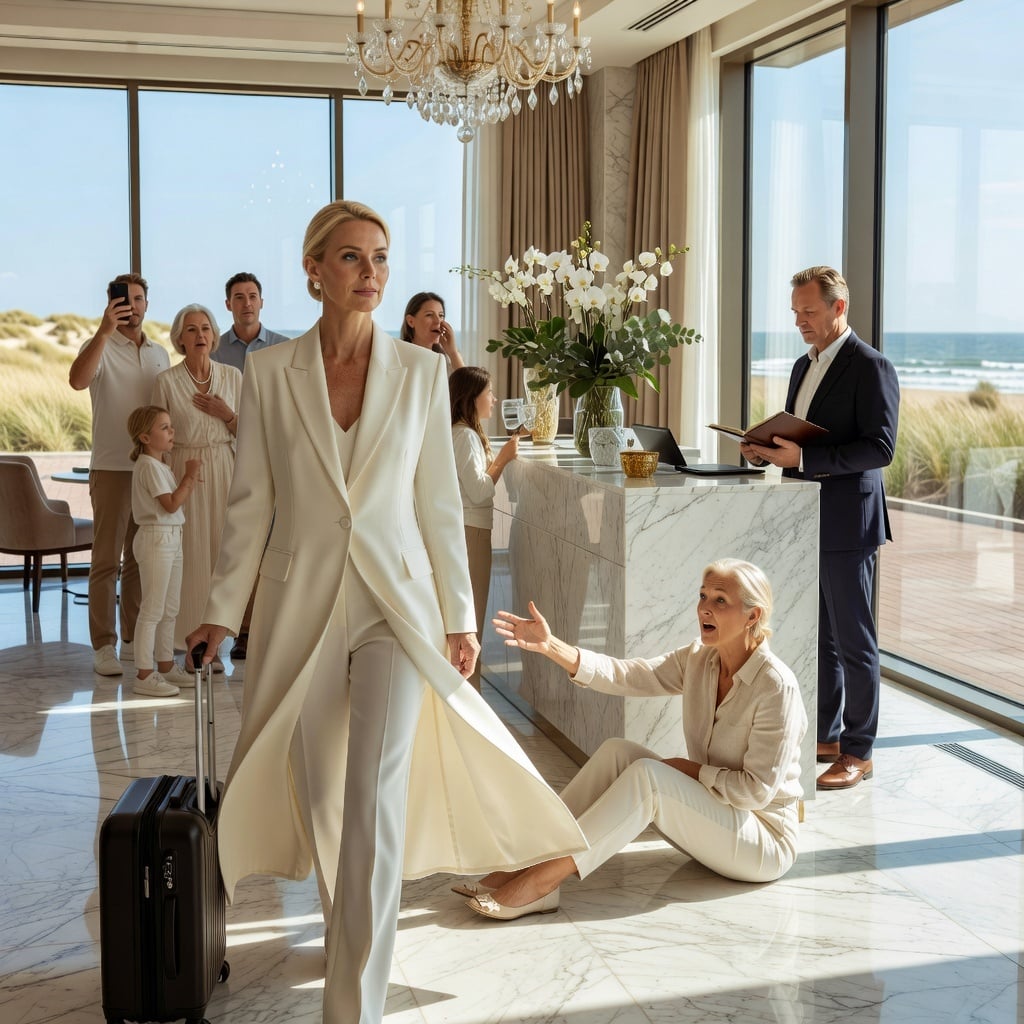 “Geen kamer? Slaap dan maar in de lobby,” grijnsde mijn schoonmoeder naar het luxe resort—maar toen ik met mijn koffer naar buiten liep, ontplofte haar oplichting van $25.000…