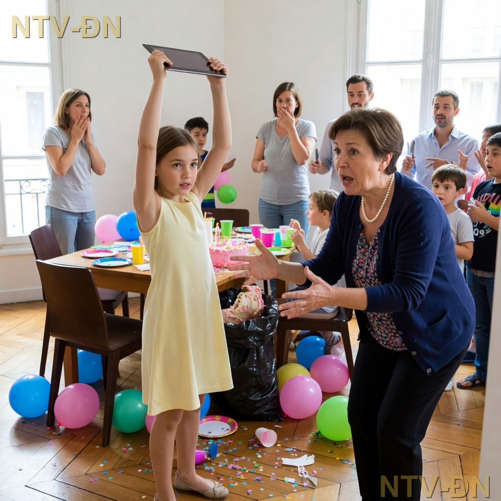 La grand-mère a jeté le gâteau de sa petite-fille de 8 ans à la poubelle en disant : « Un enfant qui a 7 en maths ne mérite pas de bougie » — mais personne ne s’attendait à ce que la petite lève sa tablette devant toute la famille et révèle des enregistrements capables de transformer cette fête en jugement silencieux.