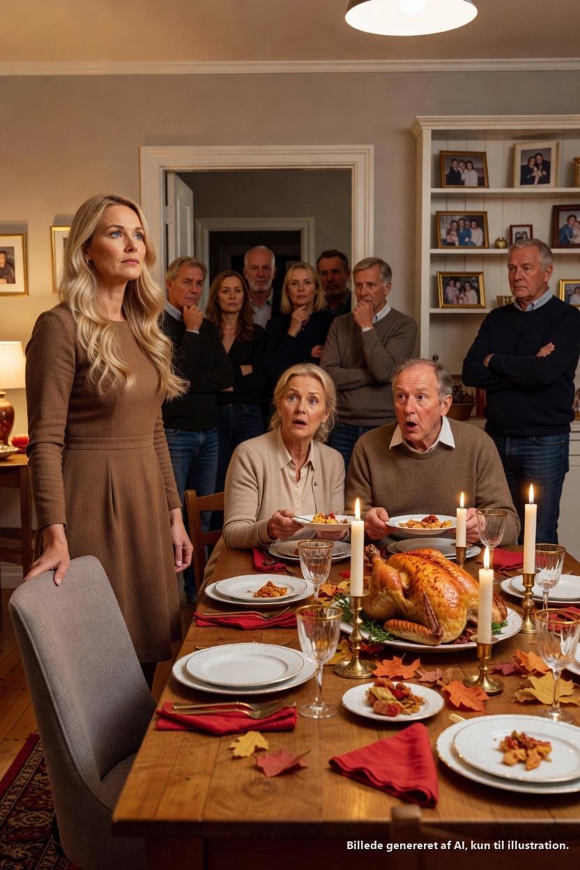 “Middag er for familien,” sagde jeg og stillede mine svigerforældres tallerkener på to tv-bakker i stuen. Lindas ansigt faldt sammen. Roberts hænder rystede af raseri. I ti år havde de beskåret mig, hånet mine børn og kaldt mig en outsider. Nu havde de brug for mit hus. Og jeg havde skjult kameraoptagelser klar til thanksgiving-desserten.