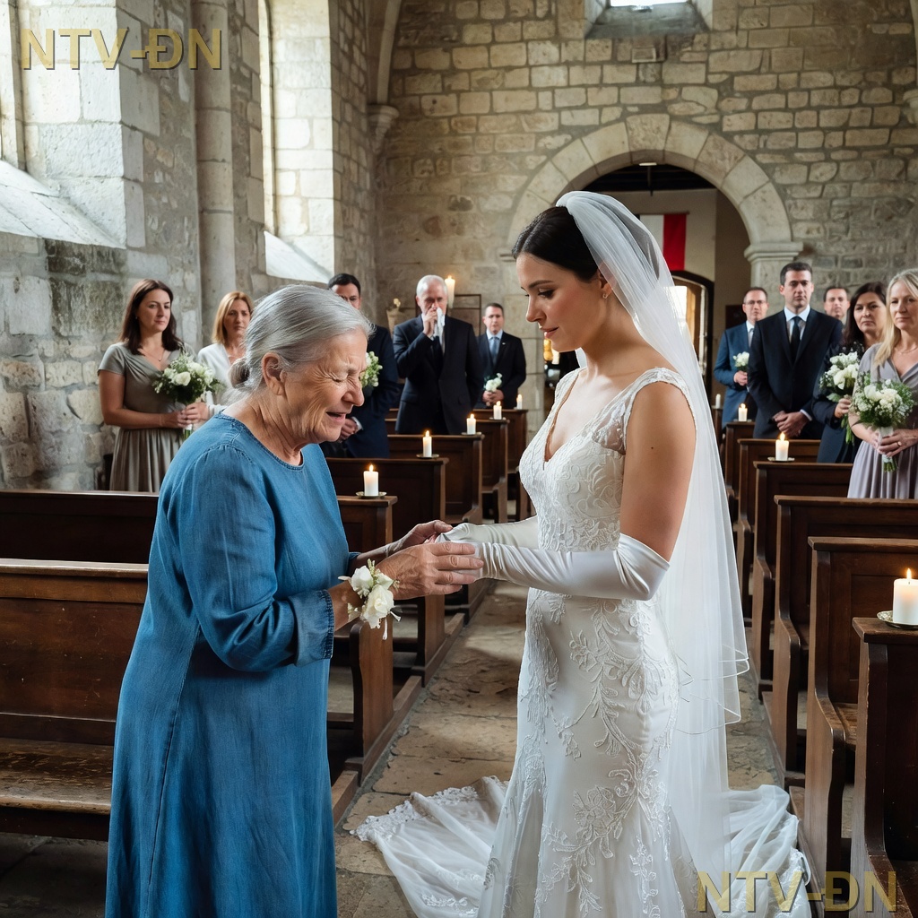 La mère du marié est arrivée avec une robe bleue usée et tout le monde a murmuré… jusqu’à ce que la mariée s’arrête au milieu de l’allée et dise quelque chose qui a fait pleurer toute l’église.