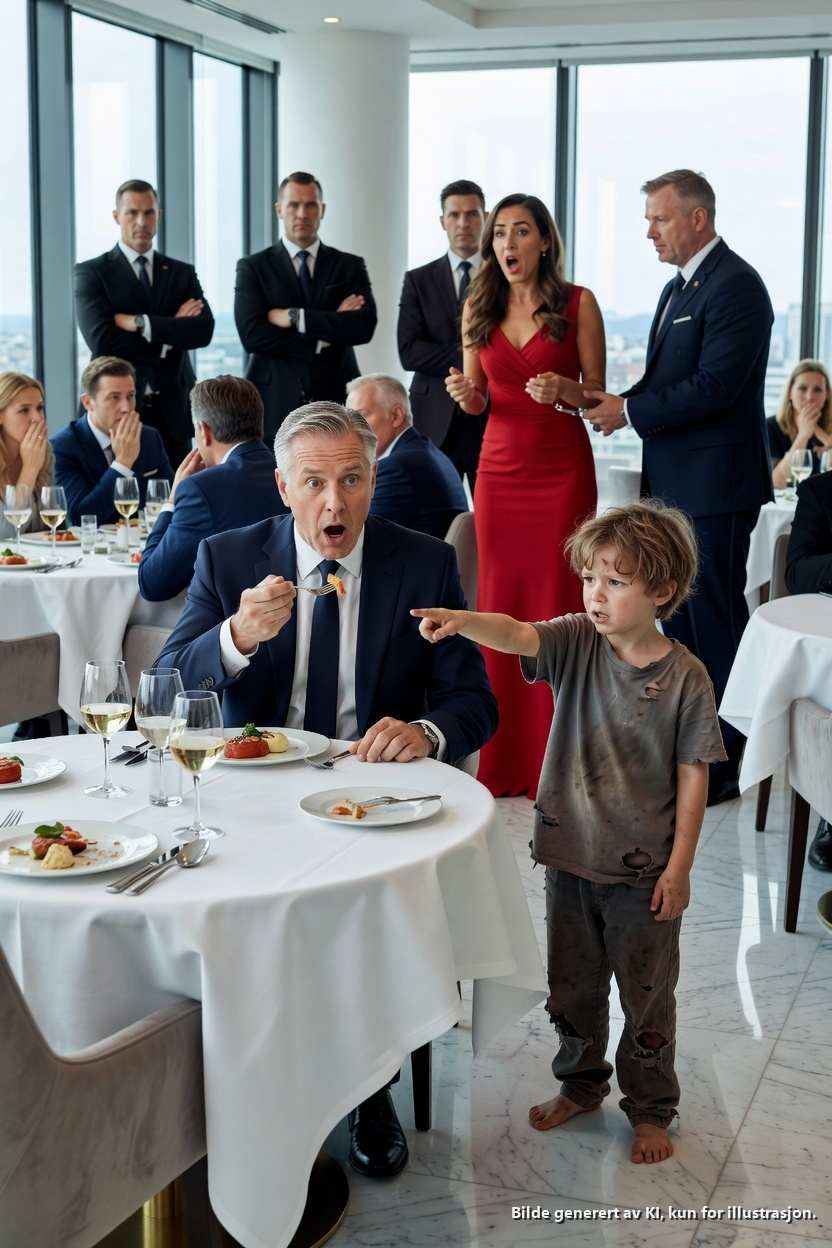 Jeg var halvveis gjennom lunsjen på en eksklusiv restaurant da en barbeint seksåring stormet inn og skrek: «Stopp! Ikke spis det!» Livvaktene mine beveget seg for å dra ham bort, men skrekken i øynene hans fikk meg til å fryse. Han pekte på kona mi som hvisket til servitøren, og plutselig ga alt mening. Jeg byttet tallerkener, ringte politiet, og så smilet hennes forsvinne da giften ment for meg ble beviset som sendte henne i fengsel.