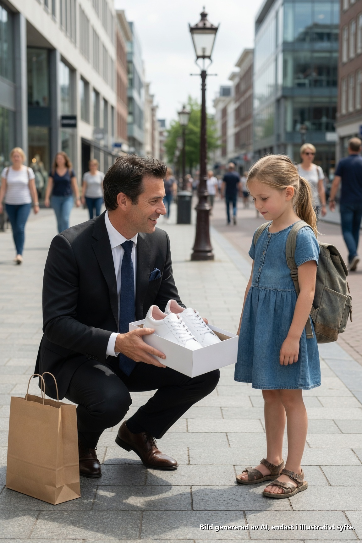 En liten flicka stoppade mig på en livlig stadstrottoar och bad om ett par skor till skolan. Skorna kostade mig bara 45 dollar. Vad jag inte visste var att hennes desperata löfte om att en dag betala tillbaka skulle leda mig till en döende hemlighet, en kämpande mor och en sanning så stark att den skulle förändra mitt liv för alltid.

Om du tror att det här är en historia om välgörenhet har du fel. Det är en historia om hur ett barn som inget ägde gav en miljardär något som pengar aldrig kan köpa.

Jag heter Michael Harrison, och allt förändrades en vanlig torsdagseftermiddag i Chicago.

Åtminstone trodde jag att den var vanlig.

Jag hade precis avslutat ännu ett utmattande styrelsemöte.

Ännu ett rum fyllt med chefer som diskuterade vinster, förvärv och tillväxtprognoser.

Ännu ett möte där alla gratulerade mig till min framgång.

Framgång.

Jag hörde det ordet varje dag.

Ändå, vid fyrtiotvå års ålder, kände jag mig tommare än någonsin.

Jag ägde lyxlägenheter.

Privata investeringar.

Sportbilar.

Ett företag värt hundratals miljoner.

Men varje natt återvände jag till en lägenhet så tyst att jag kunde höra kylskåpets surr.

Ingen familj.

Inga barn.

Ingen som väntade på mig.

När jag klev ut ur mitt kontorshus lossade jag på slipsen och kastade en blick på klockan.

15:30.