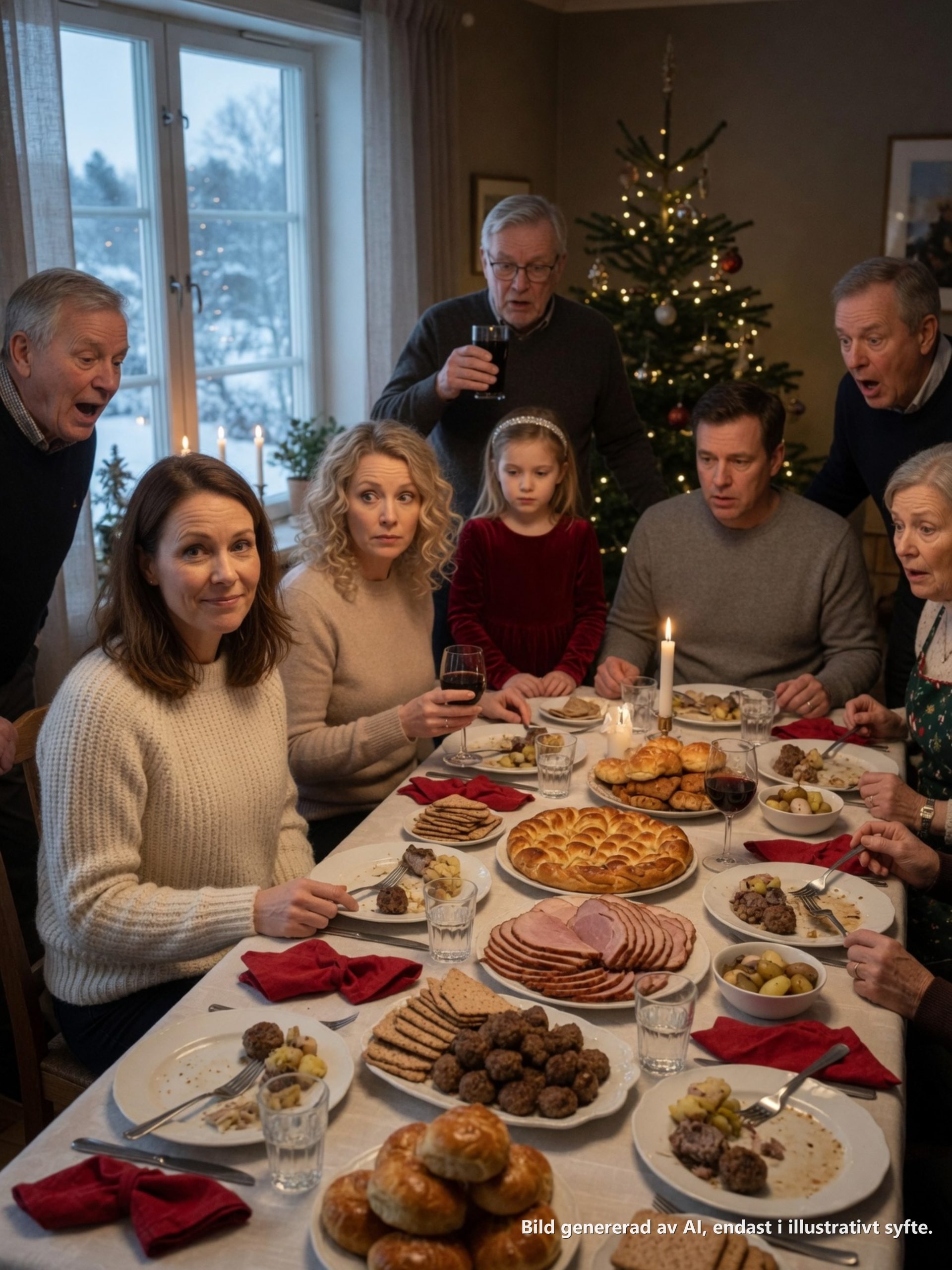 Under julmiddagen frågade min systerdotter högt: ”Mamma säger att du är fattig – stämmer det?” Bordet brast ut i skratt. Jag log och sa: ”Då antar jag att hon inte behöver de 15 000 kronorna jag skickar henne varje månad.” Min systers ansikte bleknade. Pappa harklade sig. Och sen…