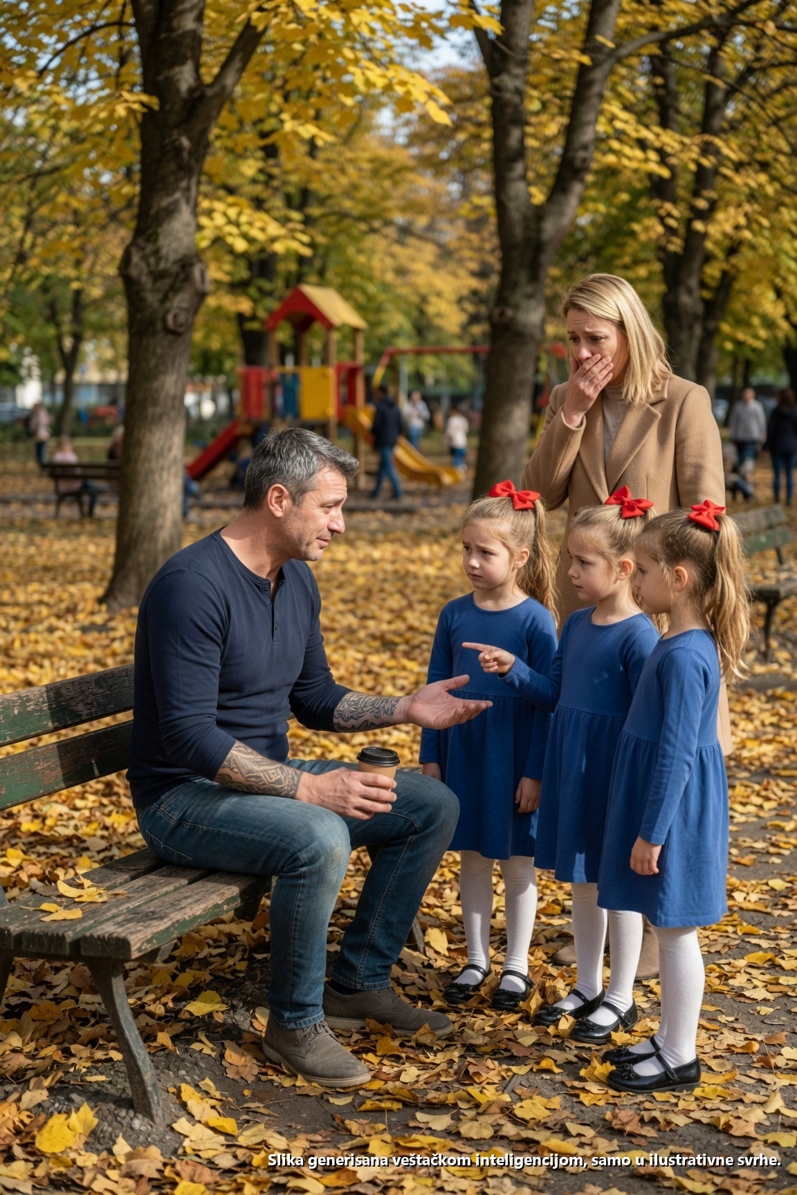 Trojke su prišle samohranom ocu i nevino rekle: „Zdravo, gospodine, NAŠA MAMA IMA TETOVAŽU POTPUNO ISTU KAO VAŠA.“ On se ukočio na mestu, jer je slomljeni kompas istetoviran na njegovoj ruci bio povezan s noći koju je godinama pokušavao da zaboravi. Odjednom, tajna za koju je mislio da je zauvek sahranjena vratila se u punom jeku.

„Moja mama ima tetovažu potpuno istu kao vaša.“

Reči su me toliko pogodile da sam na trenutak zaboravio kako se diše. Sedeo sam na staroj klupi u Central Parku, ispijajući jeftinu kafu posle dugog jutra na poslu, kada su tri identične devojčice odjednom stale ispred mene i zagledale se u izbledelu tetovažu kompasa na mojoj ruci.

Nisu izgledale starije od sedam godina. Obučene u identične bež kapute sa savršenim mašnama u kosi i ulaštenim cipelama, delovale su potpuno van mesta u bučnoj gužvi igrališta. Ipak, ono što mi je privuklo pažnju nije bio njihov izgled. Bio je to način na koji su me gledale, smireno, posmatrački i čudno uvereno.

„Šta si rekla?“ upitao sam.

Devojčica koja je stajala u sredini pokazala je prstom direktno na moju podlakticu. „Taj kompas. Moja mama ima isti. Njen je na ramenu.“