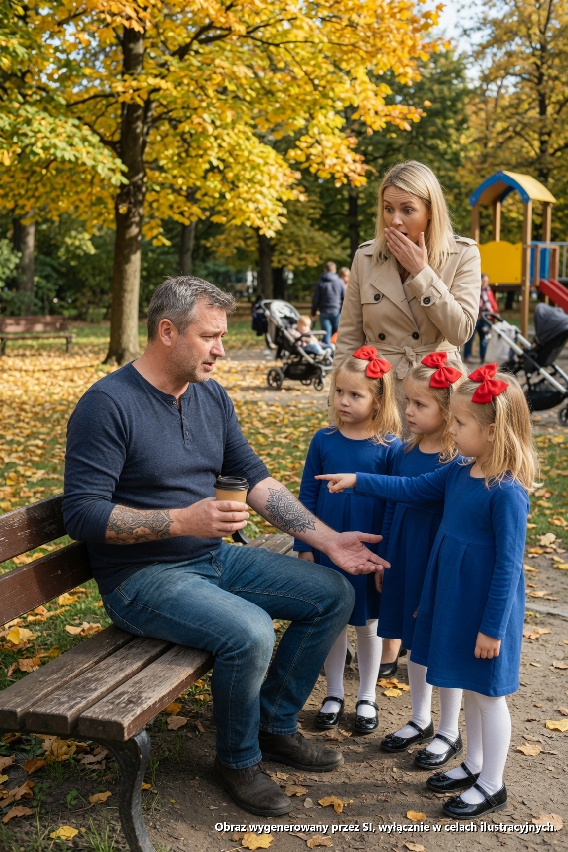 Trojaczki podeszły do samotnego ojca i niewinnie powiedziały: „Dzień dobry, proszę pana, NASZA MAMA MA TATUAŻ DOKŁADNIE TAKI JAK PAŃSKI.” Zamarł w miejscu, ponieważ połamany kompas wytatuowany na jego ramieniu związany był z nocą, którą przez lata próbował zapomnieć. Nagle sekret, który wydawał się pogrzebany na zawsze, powrócił z całą mocą.

„Moja mama ma tatuaż dokładnie taki jak pana.”

Te słowa uderzyły we mnie tak mocno, że na chwilę zapomniałem, jak się oddycha. Siedziałem na starej ławce w Central Parku, popijając tanią kawę po długim poranku w pracy, gdy trzy identyczne małe dziewczynki nagle zatrzymały się przede mną i wpatrzyły w wyblakły tatuaż kompasu na moim ramieniu.

Wyglądały na nie więcej niż siedem lat. Ubrane w identyczne beżowe płaszczyki, z idealnymi kokardami we włosach i wypolerowanymi bucikami, wydawały się zupełnie nie na miejscu wśród hałaśliwego tłumu na placu zabaw. A jednak to nie ich wygląd przykuł moją uwagę. To sposób, w jaki na mnie patrzyły – spokojnie, obserwująco i dziwnie pewnie.

„Co powiedziałaś?” – zapytałem.

Dziewczynka stojąca pośrodku wskazała palcem prosto na moje przedramię. „Ten kompas. Moja mama ma taki sam. Jej jest na ramieniu.”

Żołądek ścisnął mi się natychmiast.