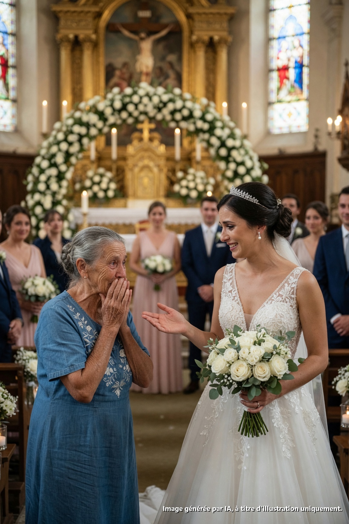La mère du marié arriva avec une robe bleue usée et tout le monde murmura… jusqu’à ce que la mariée s’arrête dans l’allée et dise quelque chose qui fit pleurer toute l’église.

PARTIE 1
Guadalupe Herrera arriva à l’église de San Pedro Cholula à petits pas, comme si elle demandait la permission même pour respirer.

Elle avait 58 ans, les mains rugueuses à force de porter des cageots de tomates au marché, et une robe bleue qui avait déjà trop vécu. Le tissu était usé aux coudes, la broderie sur la poitrine semblait vieille, et ses chaussures noires avaient été cirées tant de fois qu’elles ne savaient plus briller.

Mais c’était le mariage de Santiago, son fils unique.

Le même enfant qu’elle avait élevé seule, se levant à 3 heures du matin pour aller chercher des légumes, vendant des piments poblanos, des épis de maïs, des pommes de terre et de la coriandre sous le froid de Puebla.

Santiago travaillait maintenant à Mexico, portait de belles chemises et parlait avec des gens en costume. Ce jour-là, il épousait Valeria, une jeune fille de famille aisée, fille d’un important entrepreneur et d’une médecin reconnue.

Guadalupe savait qu’elle n’appartenait pas à ce monde.

Elle l’avait ressenti dès qu’elle avait franchi la porte.