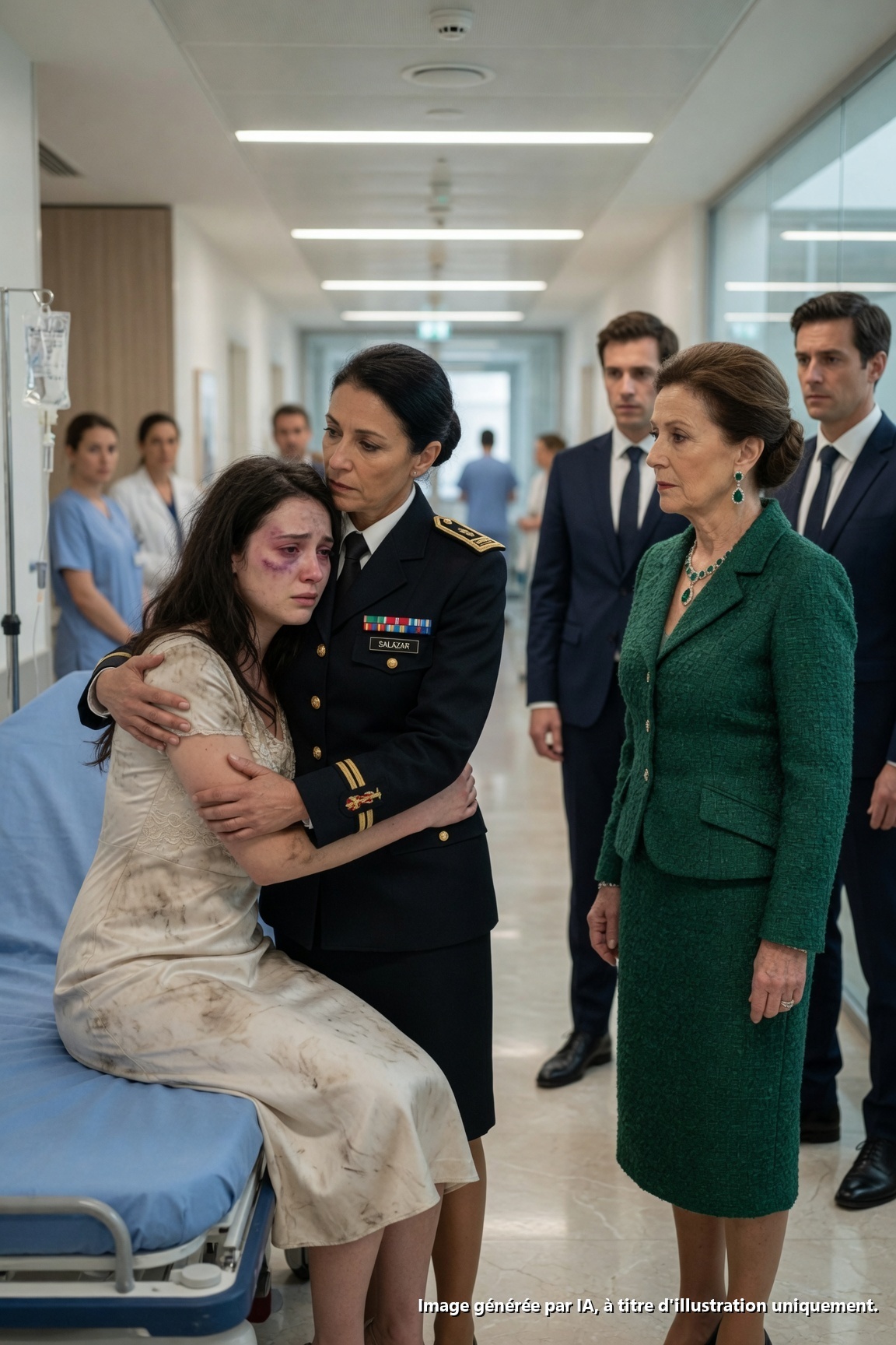 “Maman, tire-moi d’ici…” : la famille la plus puissante de Polanco a frappé leur fille, mais ils ne savaient pas qu’ils venaient de réveiller une colonel qui pouvait les détruire sans élever la voix

PARTIE 1

La colonel Mariana Rivas portait encore son uniforme de gala lorsqu’elle reçut l’appel qui lui glaça le sang.

Elle sortait d’une cérémonie militaire au Campo Marte quand son téléphone vibra 3 fois de suite.

En répondant, elle entendit la voix brisée de sa fille.

—Maman… viens me chercher… la famille d’Esteban m’a frappée.

Ensuite, il n’y eut que des pleurs.

Mariana ne demanda rien de plus.

Elle monta dans son véhicule officiel et conduisit vers l’Hôpital Ángeles Pedregal, les mains fermes sur le volant, même si à l’intérieur, quelque chose se brisait en elle.

Sa fille, Lucía, était mariée depuis à peine 11 mois à Esteban Granados, héritier de l’une des familles les plus riches du Mexique.

Les Granados figuraient dans les magazines, donnaient de l’argent à des fondations, s’asseyaient avec des politiciens, des entrepreneurs et même des évêques.

En public, ils parlaient de valeurs.

En privé, selon cet appel, ils étaient autre chose.

Quand Mariana entra aux urgences, une infirmière tenta de l’arrêter.

—Madame, vous ne pouvez pas entrer.

La colonel la regarda simplement.

Elle ne cria pas.

Elle ne poussa pas.

Elle dit seulement :

—Ma fille est là-dedans.

L’infirmière s’écarta comme si elle avait compris que cette femme ne venait pas demander la permission.

Lucía était sur un brancard au fond.

Elle avait la lèvre fendue, un œil au beurre noir et des marques sur les bras.

Sa robe beige, de celles qu’elle portait pour paraître « parfaite » devant la famille de son mari, était déchirée sur un côté.