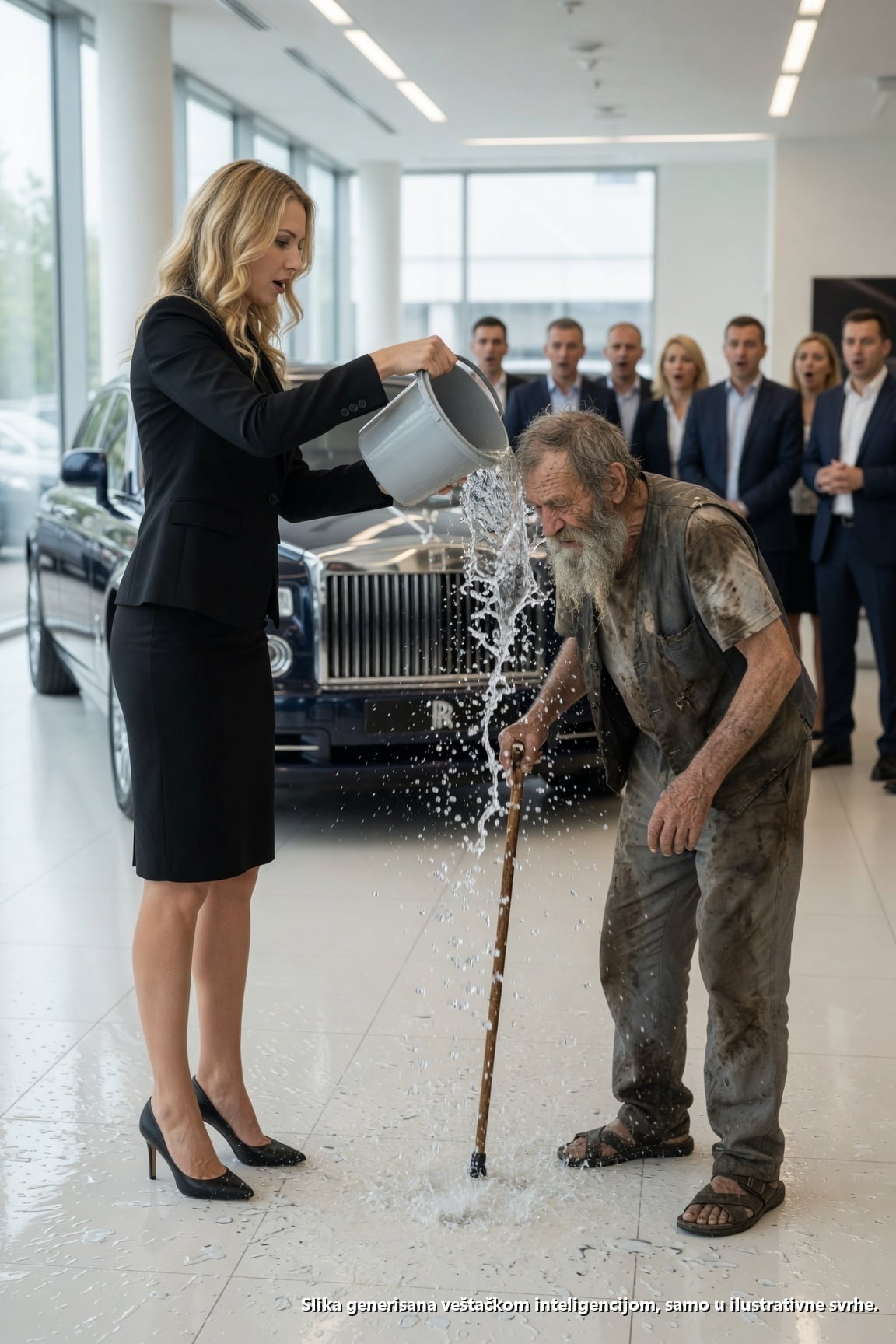 Bacio je vodu na prosjaka… Sledećeg dana kupio je auto-kuću! Tačno u 10:45 ujutro, stariji muškarac polako je prišao najluksuznijoj auto-kući u gradu, Prestige Auto Gallery. Nosio je jednostavnu belu košulju na dugmad i stare kaki pantalone, preko ramena je imao izbledelu platnenu torbu, a na licu mu je lebdeo čudan mir. Iza staklenih zidova izložbenog salona stajali su sjajni novi automobili: BMW, Porsche, Mercedes – svi po cenama od stotina hiljada dolara. Dok je ulazio, zaštitar mu je preprečio put.

“Hej, gospodine, kako ste ušli? Idite napolje na parking. Samo mušterije smeju unutra.” Starac se ljubazno osmehnuo i rekao: “Sine, ja sam mušterija. Moram na trenutak da porazgovaram s menadžerom. Želeo bih da vidim jedan auto.” Zaštitar se nasmejao i okrenuo drugom zaštitaru koji je stajao u blizini. “Jesi li čuo? Kaže da je došao da kupi auto. Kakav?” “Bicikl.” Obojica su prasnula u smeh.

Starac nije rekao ni reč. Zadržao je taj smireni osmeh na licu. Samo je rekao: “Da se smejem ili da plačem? Ja ulazim.” Upravo tada, oštar glas se začuo iznutra. “Kakva je ovo galama?” Bila je to Khloe Adams, glavna izvršna direktorka prodaje u salonu, u visokim potpeticama i elegantnom crnom odelu, sa iPad-om u ruci. Izašla je napolje. Premerila je starca pogledom i rekla s primesom prezira: “Vidite, ova auto-kuća prodaje luksuzne automobile.”