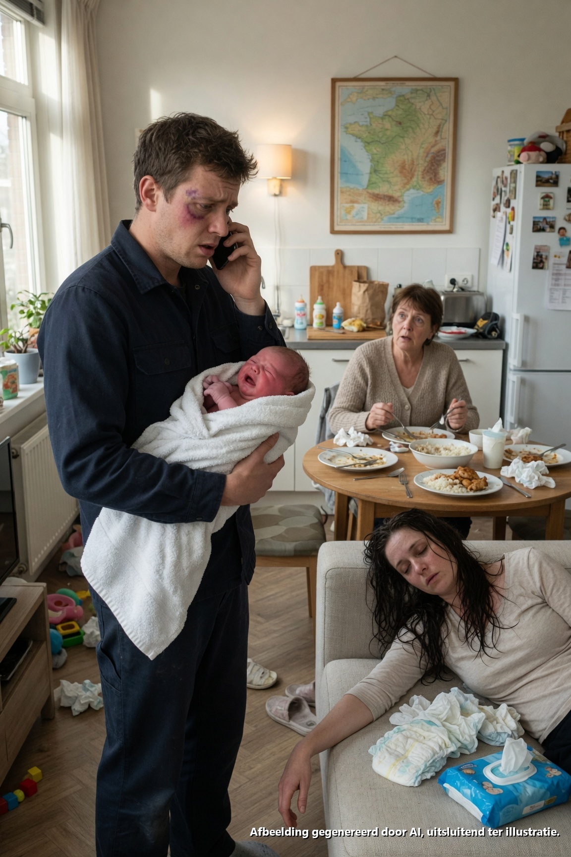 ZIJN MOEDER DEED ALSOF ZE ‘HELP’ MET DE BABY — TOEN KWAM HIJ TE VROEG THUIS

De kreet van de baby drong door de deur voordat Raphaël de juiste sleutel in zijn zak had gevonden. Op de overloop zoemde de traptimer, de geur van aangebrande rijst drong al onder de deur door, en het koude metaal van de sleutelbos gleed tussen zijn vingers. Het was niet het kleine hongergehuil dat hij ‘s nachts begon te herkennen. Het was een roep. Een echte.

Hij opende het appartement met zijn tas nog op zijn schouder.

Alles was te warm, te benauwd, te stil. In de kleine keuken was een pan overgekookt op de plaat. Op het aanrecht lagen twee lege flesjes scheef, met die geur van zure melk die je in de keel grijpt. De luiertas lag opengereten bij de bank, schone rompertjes lagen op het tapijt, en de televisie praatte in zichzelf, alsof iemand midden in een zin de kamer had verlaten.

Op de bank was Clara opzij gevallen.

Bleek, met haren tegen haar gezicht geplakt, haar arm hing bijna tot aan de parketvloer, de deken van de baby zat nog onder haar schouder geklemd. Haar lippen waren droog. Haar wimpers trilden nauwelijks.

In het bijbed lag Leo, nog maar een paar weken oud, te krijsen met een rood gezicht, zijn kleine vuistjes tegen zich aan geklemd.

En aan tafel zat Monique, de moeder van Raphaël, rustig te eten.

Ze sneed een stukje kip, schoof de rijst naar de rand van haar bord, en keek toen op naar haar zoon met een geïrriteerde blik van iemand die tijdens het eten gestoord wordt. Niet tijdens een noodgeval. Raphaël zette zijn tas op de grond, nam eerst Leo tegen zich aan, omdat de baby snikte van vermoeidheid, en knielde toen naast Clara.

— Clara… lieverd, word wakker. Praat met me.

Haar ogen gingen een seconde op een kier. Rood. Verdwaasd. Haar stem klonk van heel ver weg.

— Ik heb… gevraagd… om even te gaan liggen…

Raphaël legde twee vingers op haar wang. Koud.

De magnetron gaf 19:18 aan. Op de koelkast zat het flesjesschema met een scheve magneet: 14:00, 16:00, 18:00. Het laatste vakje was leeg. ernaast hing een vochtige theedoek aan de ovenhendel, alsof Clara tot het laatste moment had overeind gehouden.

— Mam, heb je niemand gebeld?