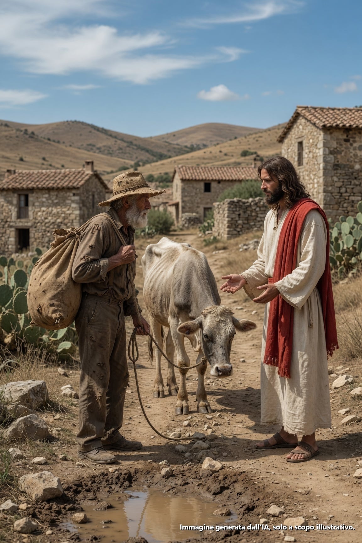 Diede il suo ultimo sorso d’acqua a uno sconosciuto nel deserto, senza immaginare la miracolosa sorpresa che lo attendeva all’alba

## Parte 1

La polvere si sollevava a spirali sulla strada screpolata dell’altopiano, tra Zacatecas e San Luis Potosí. In quel tratto di terra dimenticata, dove le case di adobe cadevano a pezzi e i pozzi non conservavano altro che fango secco, il silenzio non era assenza di rumore, ma una presenza densa che copriva tutto. Nessuno si fermava lì. Nessuno aveva motivi per farlo.

Don Eusebio lo sapeva meglio di chiunque altro. A settantotto anni, con il corpo curvo e le mani indurite da decenni di lavoro inutile, l’anziano era l’ultimo abitante di un villaggio fantasma. Sua moglie era morta anni fa in un letto d’ospedale nel capoluogo municipale, e il suo unico figlio se n’era andato al nord più di quindici anni fa; all’inizio mandava lettere, poi brevi chiamate da un numero sconosciuto, finché un giorno il silenzio lo divorò completamente.

Quella mattina, la fame gli mordeva lo stomaco con una ferocia antica. Sul tavolo di legno della sua cucina non restava altro che un taccuino con conti in sospeso al negozio di don Aurelio —farina a credito, fagioli a credito, candele a credito— e un sacco di mais attaccato dal punteruolo. Nell’orcio di terracotta restava appena un fondo d’acqua torbida, insufficiente per calmare la sete di un giorno che prometteva di superare i quaranta gradi.

Don Eusebio uscì nel patio e guardò il recinto vuoto. Lì soleva stare la sua asina, la sua unica compagna, che aveva dovuto seppellire l’estate scorsa sotto un mesquite secco.