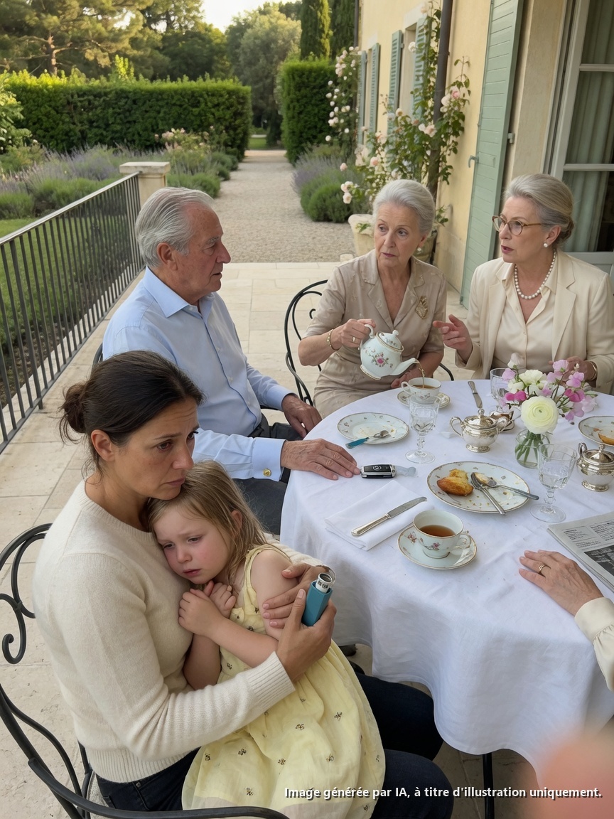 « Ma fille de cinq ans respirait à peine sur la terrasse de mes parents, et quand je les ai suppliés de me donner les clés pour l’emmener aux urgences, mon père a répondu : “Les enfants ne montent pas dans ma voiture” – mais la riche tante qu’ils essayaient d’impressionner depuis une semaine s’est levée de table, les a regardés une seule fois, et les a fait blêmir. »