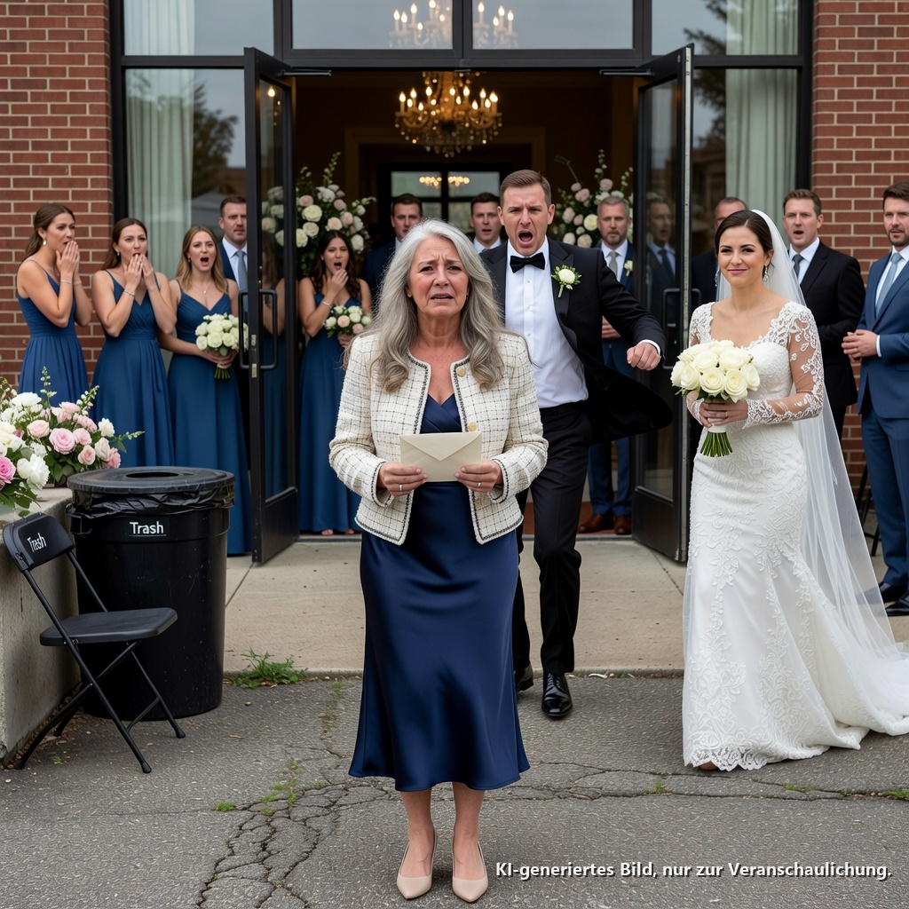 Bei der Hochzeit meines Sohnes fand ich meinen Platz draußen neben den Mülltonnen. Die Braut grinste und sagte: „Schätze, du zählst nicht.“ Ich nahm leise mein Hochzeitsgeschenk zurück und ging weg, ohne ein Wort zu sagen. Minuten später bemerkten sie, was ich getan hatte – und kamen mir hinterhergerannt.