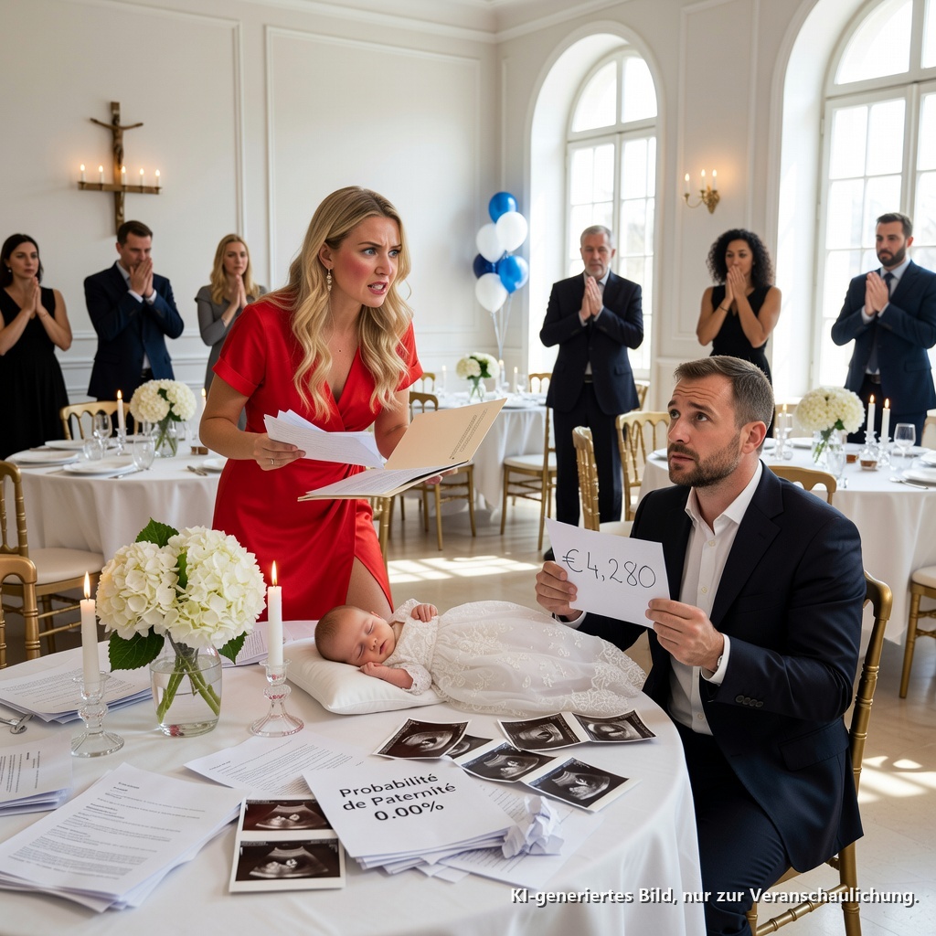 Bei der Tauffeier unseres Babys lächelte mein Mann und sagte mir, ich solle die Rechnung über 4.500 $ bezahlen. Ich stand in meinem roten Kleid auf und sagte: „Das ist nicht die Feier meines Babys“ – dann öffnete ich die Akte, die ihn vernichtete.