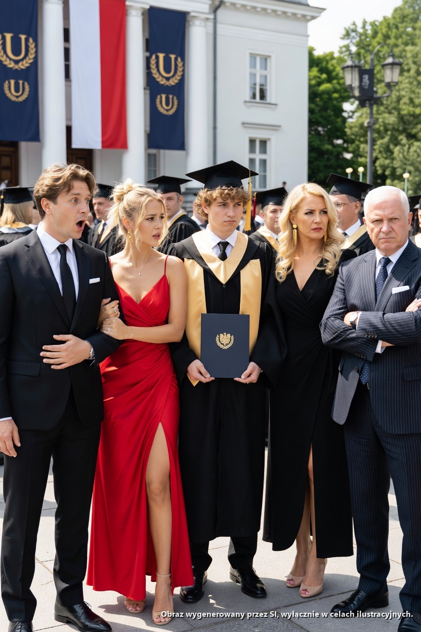Na ceremonii ukończenia szkoły jego syna wszedł trzymając za rękę swoją kochankę — ale nie wyobrażał sobie, co wydarzy się dalej…