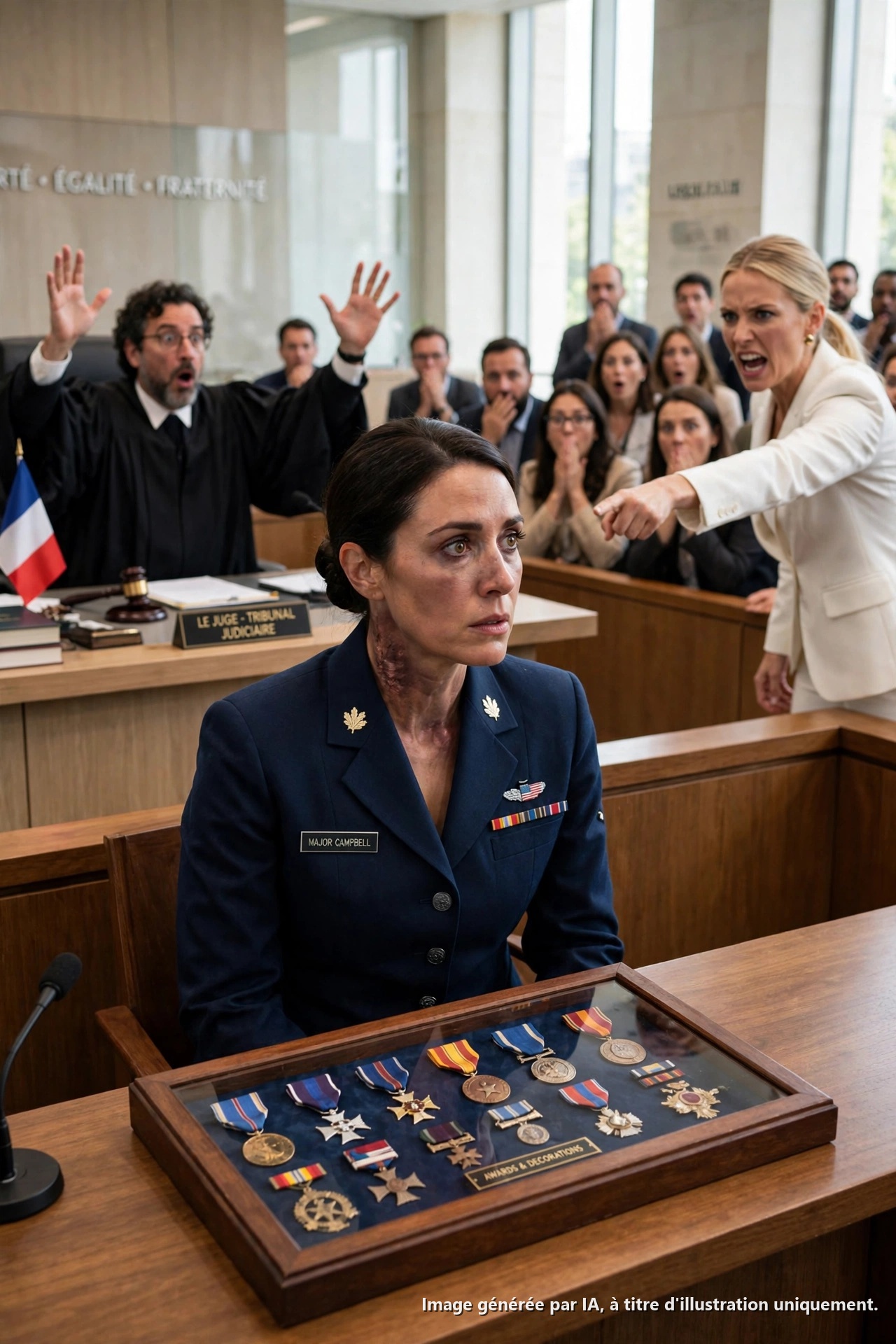 Je suis resté immobile pendant que ma propre mère témoignait sous serment que je n’avais jamais servi mon pays. Elle regardait droit vers le juge, balayait d’un revers de main les cicatrices que je cachais sous mes vêtements, et les qualifiait de fausses. Devant une salle d’audience bondée, elle a affirmé que j’avais inventé douze années de service militaire, acheté mes médailles en ligne, et bâti toute ma vie sur des mensonges. Le jury l’a crue. Les journalistes ont noté chaque mot. Mon jeune frère était assis là, arborant un sourire suffisant, certain d’avoir déjà gagné. Mais il y avait une chose qu’aucun d’eux ne savait. Je regardais l’horloge. Parce que juste derrière ces portes de tribunal, les seules personnes capables de prouver la vérité étaient en route. Et lorsque ces portes se sont enfin ouvertes, le plus grand mensonge de ma famille s’est effondré devant tout le monde.