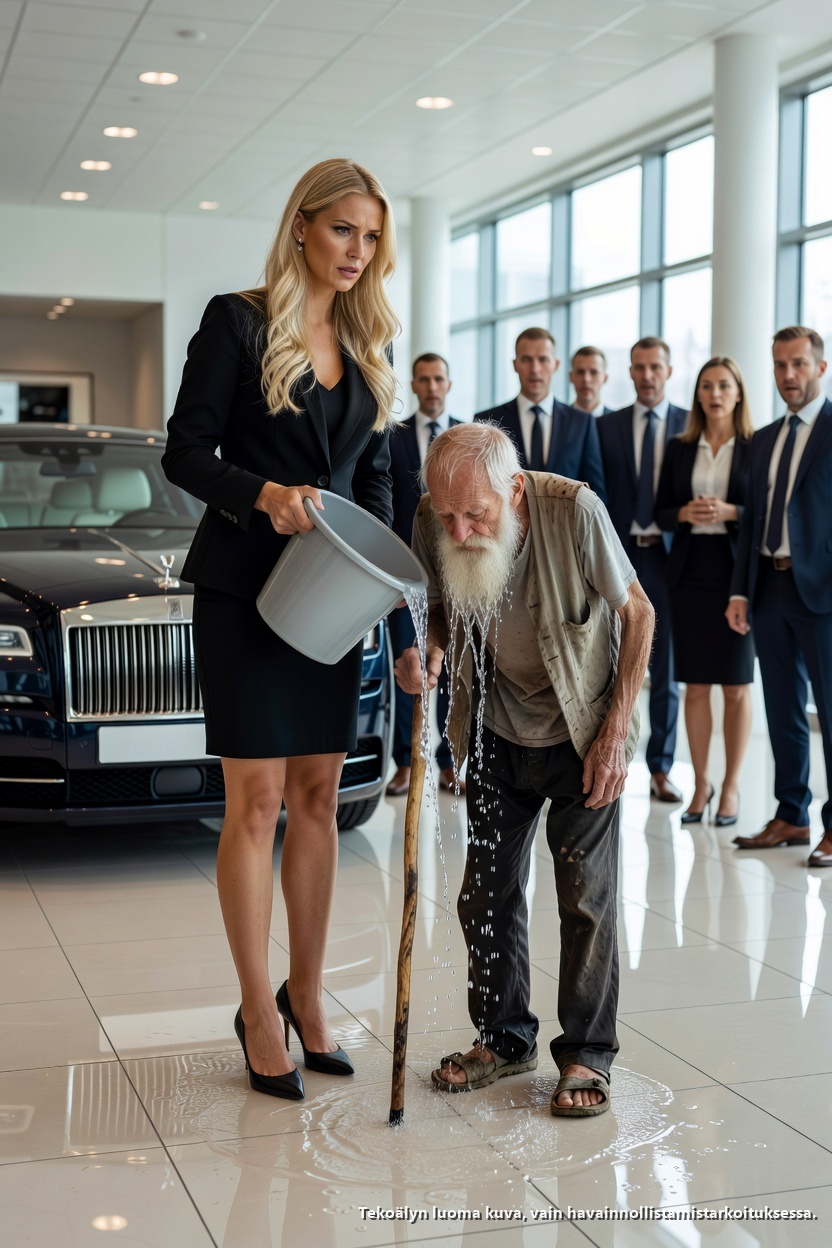 Hän heitti vettä kerjäläistä kohti… Seuraavana päivänä hän osti autoliikkeen! Tasan kello 10:45 iäkäs mies käveli hitaasti kaupungin ylellisimmän autoliikkeen, Prestige Auto Galleryn, luo. Hänellä oli yllään yksinkertainen valkoinen nappipaita ja vanhat khakihousut, ja hänen olallaan roikkui haalistunut kangaslaukku. Hänen kasvoillaan kuvastui outo tyyneys. Esittelytilan lasiseinien takana kiilteli upouusia autoja: BMW:itä, Porscheja, Mercedeksiä – kaikki satojen tuhansien dollareiden arvoisia. Hänen astuessaan sisään vartija astui hänen tielleen.