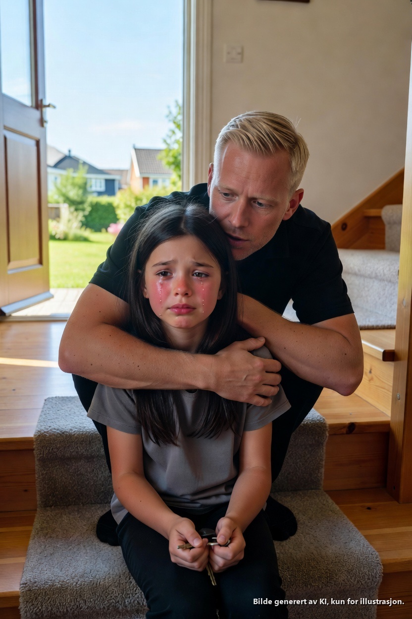Kona mi hadde akkurat gått til butikken da min 7-åring hvisket: “Vi må komme oss ut. Med en gang.” Jeg lo, “Hvorfor?” Hun pekte opp trappen og skalv “Vi har ikke tid, vi må forlate dette huset nå.” Jeg grep bilnøklene og satte kursen mot politistasjonen, og det var da det skjedde…