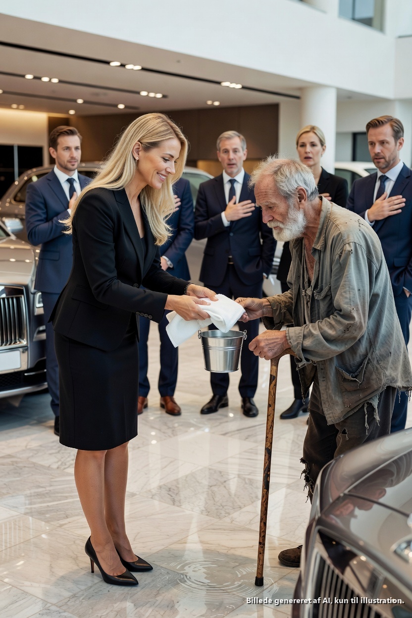 Han kastede vand på en tigger… Dagen efter købte han forhandleren! Præcis klokken 10:45 nærmede en ældre mand sig langsomt byens mest luksuriøse bilforhandler, Prestige Auto Gallery. Han bar en simpel hvid button-down skjorte og gamle khakibukser, med en falmet canvastaske hængende over skulderen, og hans ansigt afspejlede en mærkelig fred. Bag glasvæggene i udstillingslokalet stod skinnende nye biler: BMW’er, Porsche’er, Mercedes – alle prissat til flere hundrede tusinde dollars. Da han trådte ind, spærrede en vagt hans vej.